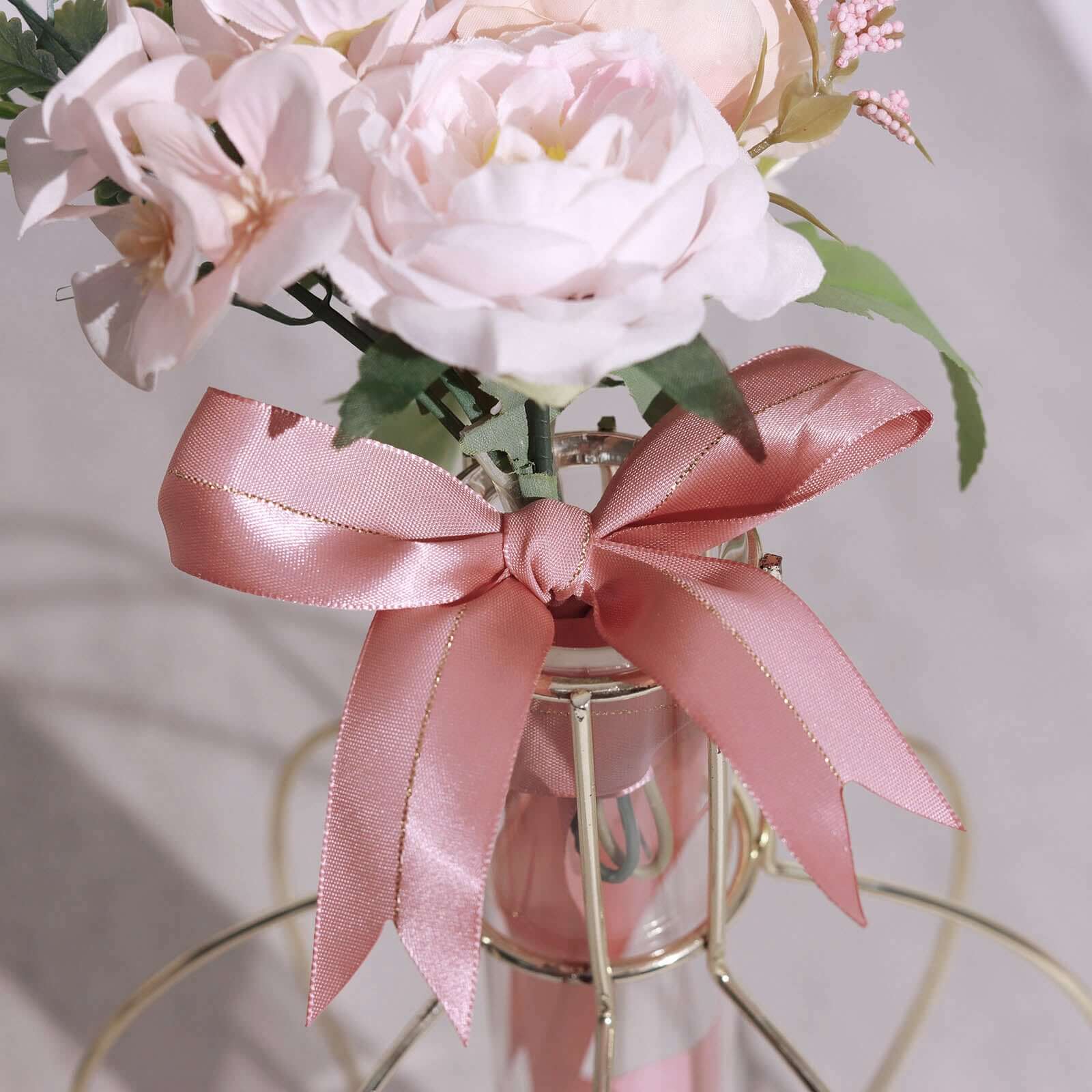 50 Pcs 10" Dusty Rose Pre Tied Ribbon Bows, Satin Ribbon With Gold Foil Lining For Gift Basket and Party Favors Decor