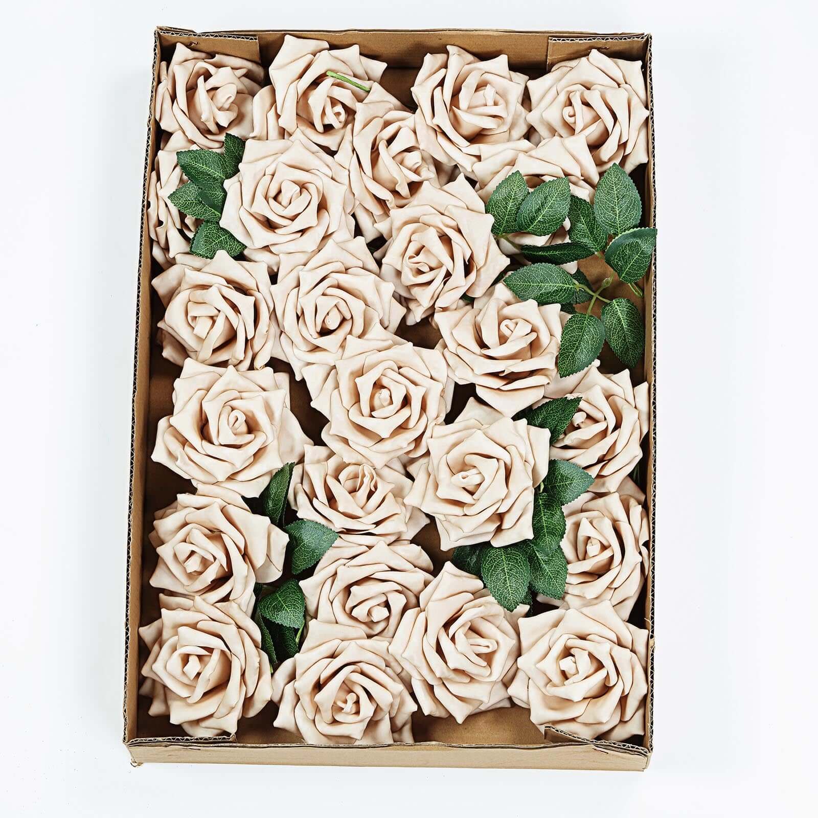 24 Roses 5" Champagne Artificial Foam Flowers With Stem Wire and Leaves