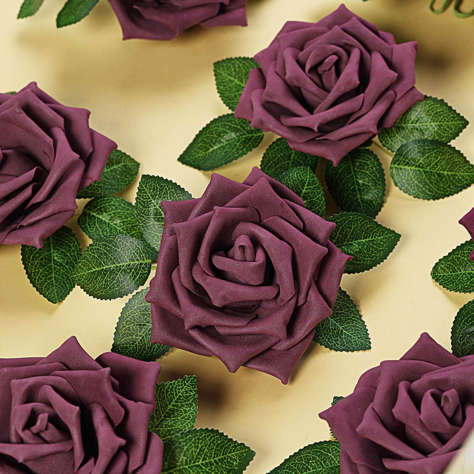 24 Roses 5" Eggplant Artificial Foam Flowers With Stem Wire and Leaves