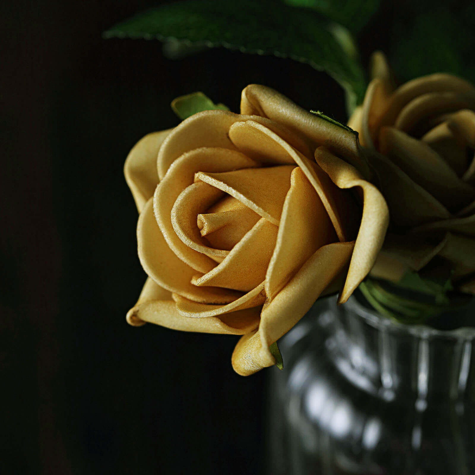 24 Roses 2" Gold Artificial Foam Flowers With Stem Wire and Leaves