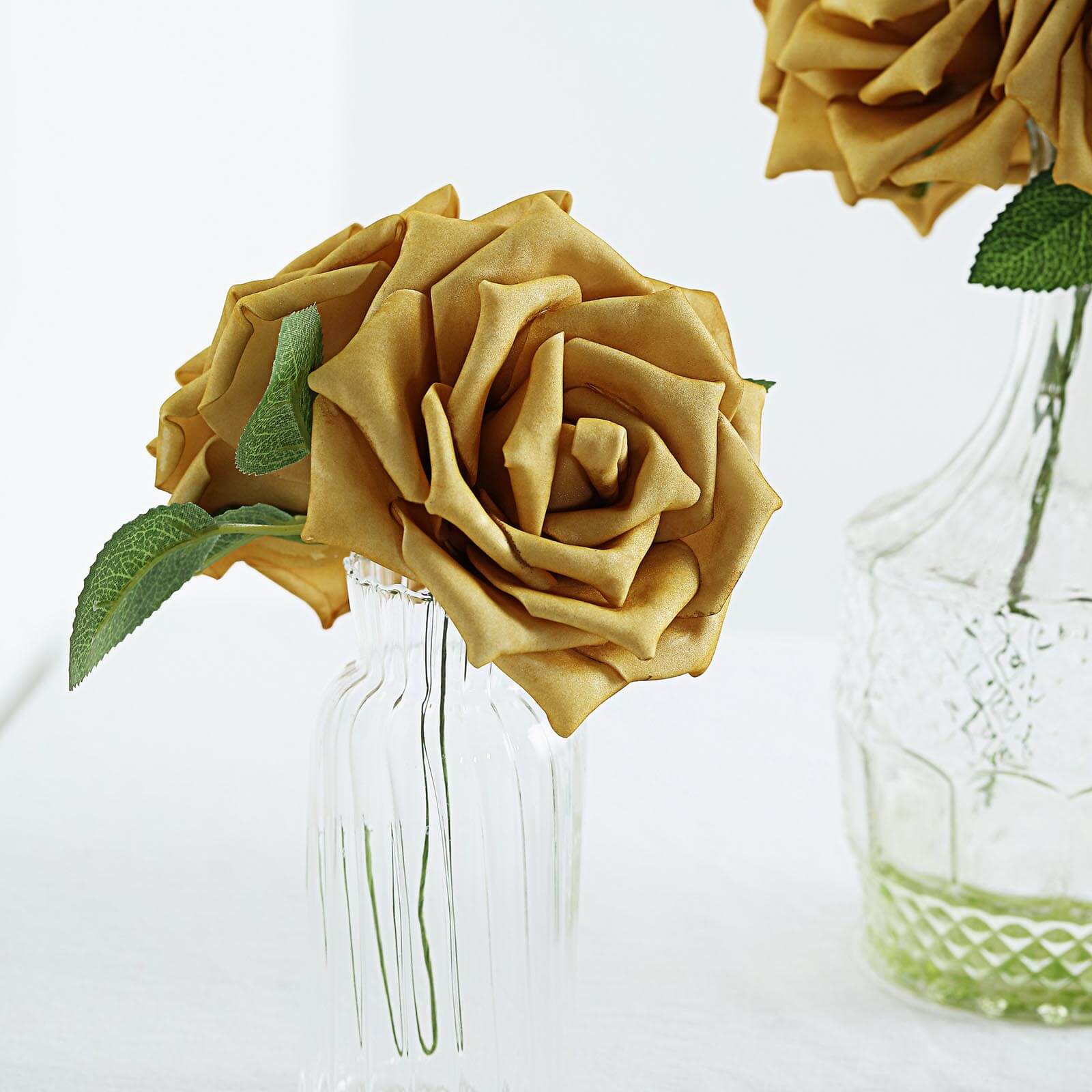 24 Roses 5" Gold Artificial Foam Flowers With Stem Wire and Leaves