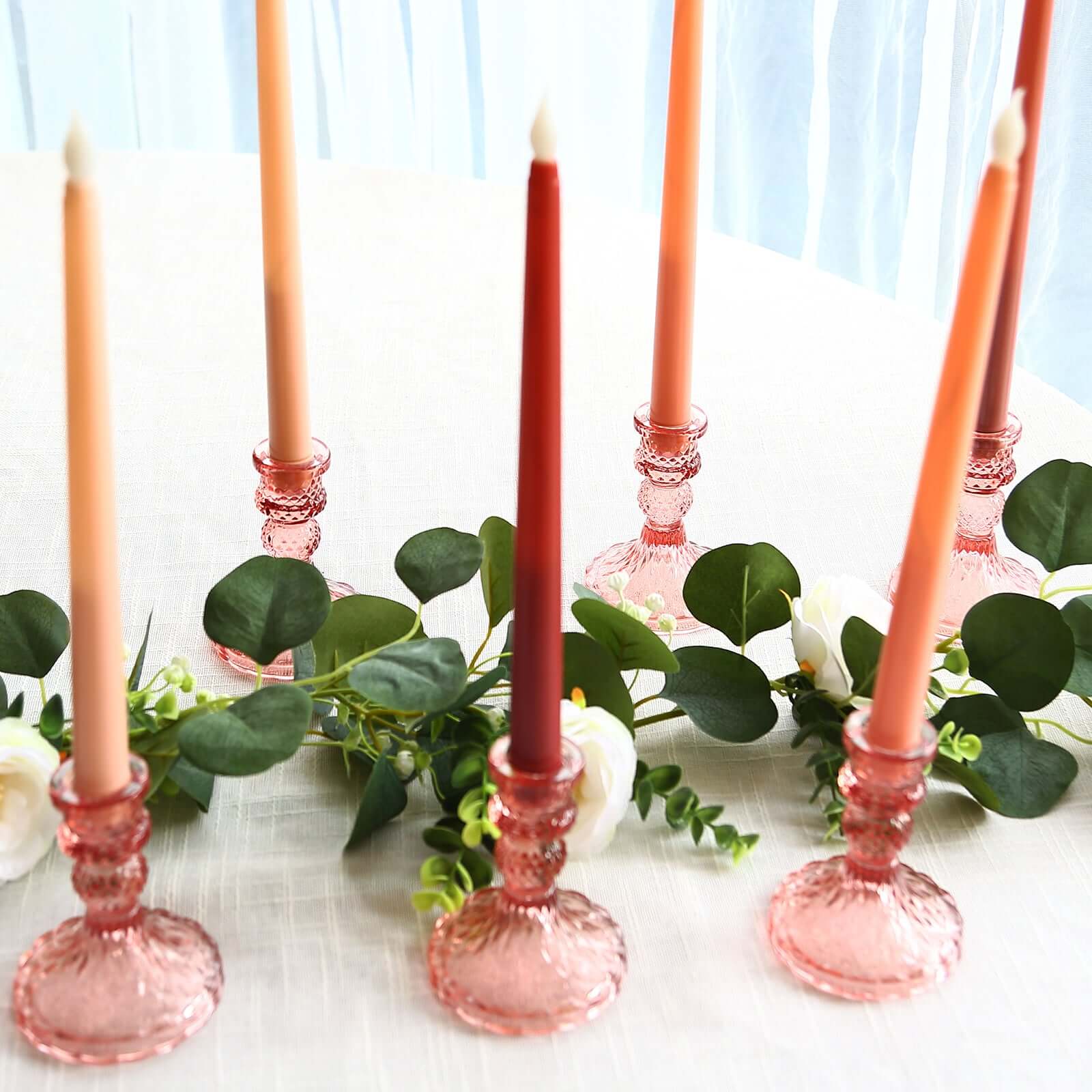 6-Pack Glass Taper Candlestick Holders Diamond Pattern Design Dusty Rose - Reversible Crystal Pillar Votive Stands 4"