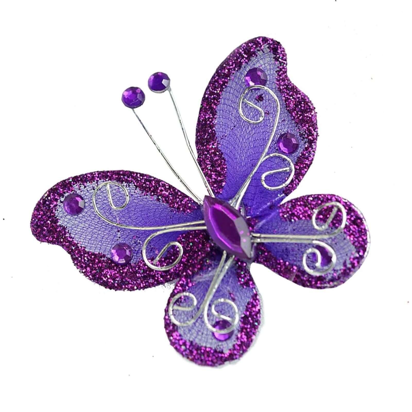 12 Pack 2" Purple Diamond Studded Wired Organza Butterflies