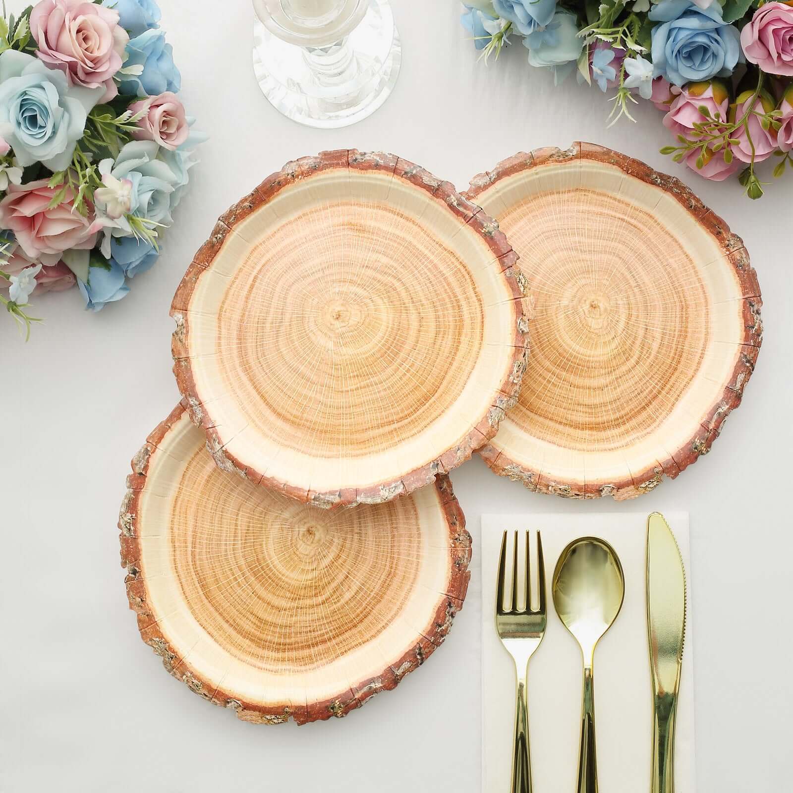 25-Pack Paper 7" Round Dessert Plates in Natural Wood Slice Print - Disposable Appetizer Salad Plates for Rustic Farmhouse Style Events