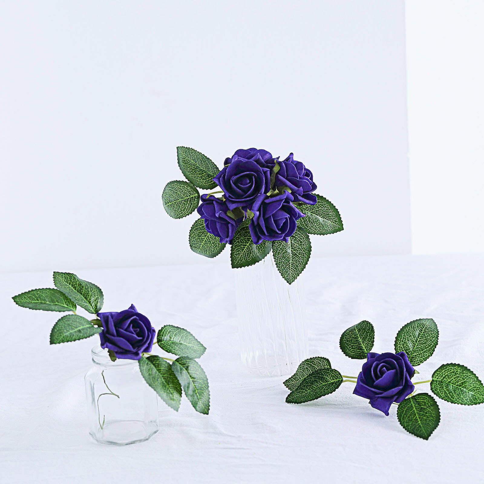 24 Roses 2" Purple Artificial Foam Flowers With Stem Wire and Leaves