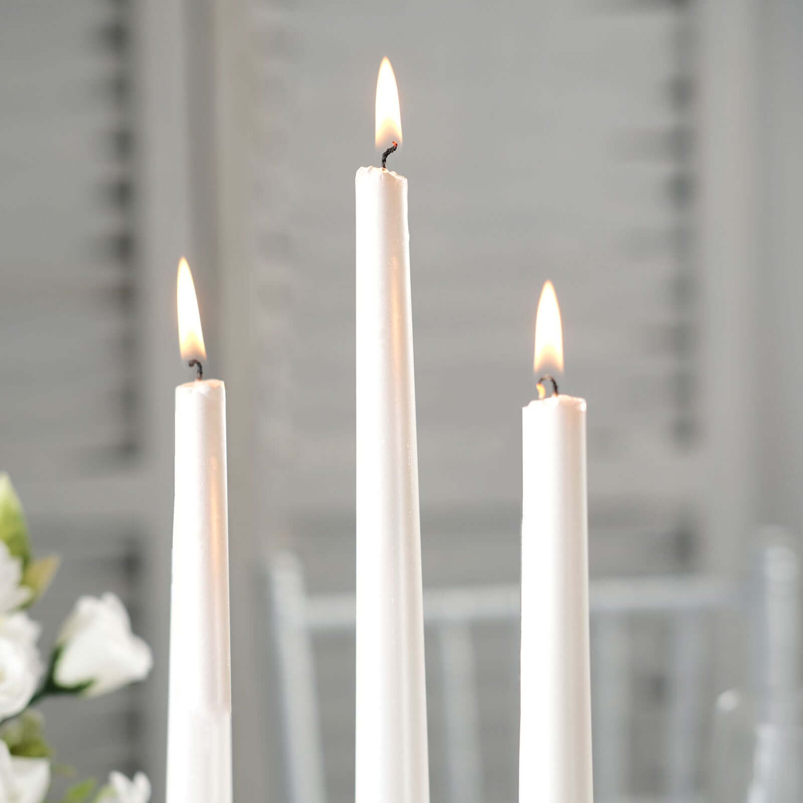 12-Pack Taper Candles Premium Wax Design Metallic Pearl White - Unscented Candles for Upscale Settings 10"