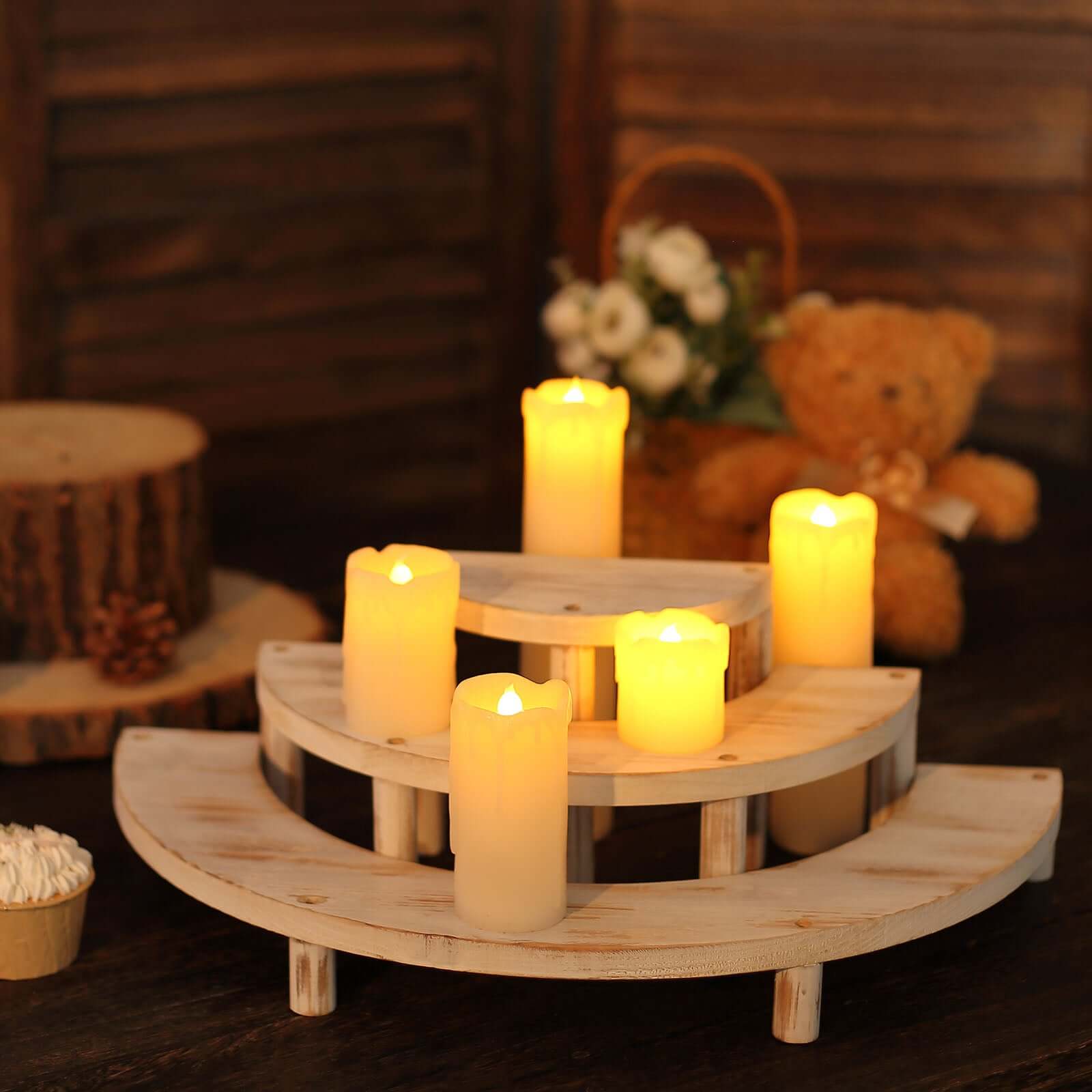 Set of 3 Wooden Dessert Pedestals Rustic Whitewashed 3-Tier Semicircle Design - Half Moon Cupcake Display Risers 7", 13", 18"