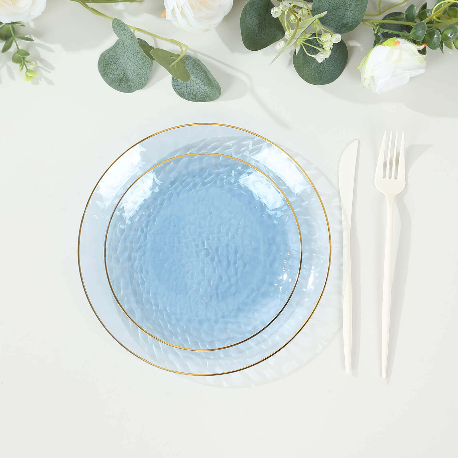 10-Pack Plastic 7" Round Dessert Appetizer Plates in Transparent Dusty Blue Hammered Design with Gold Rim - Modern Disposable Salad Plates