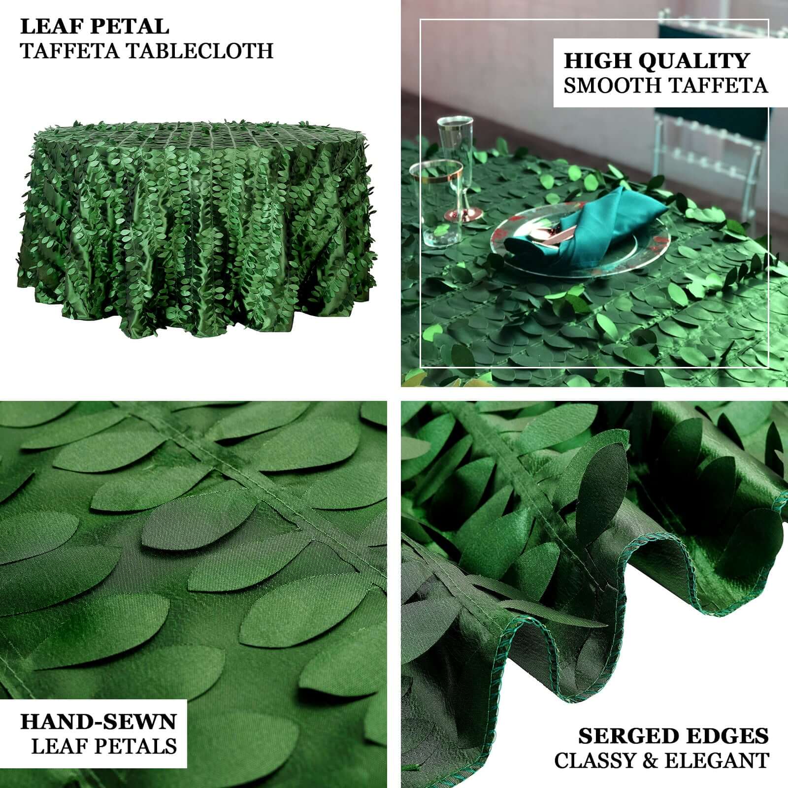 Taffeta 120" Round Tablecloth Green Leaf | 3D Leaf Petal Design Seamless Table Cover
