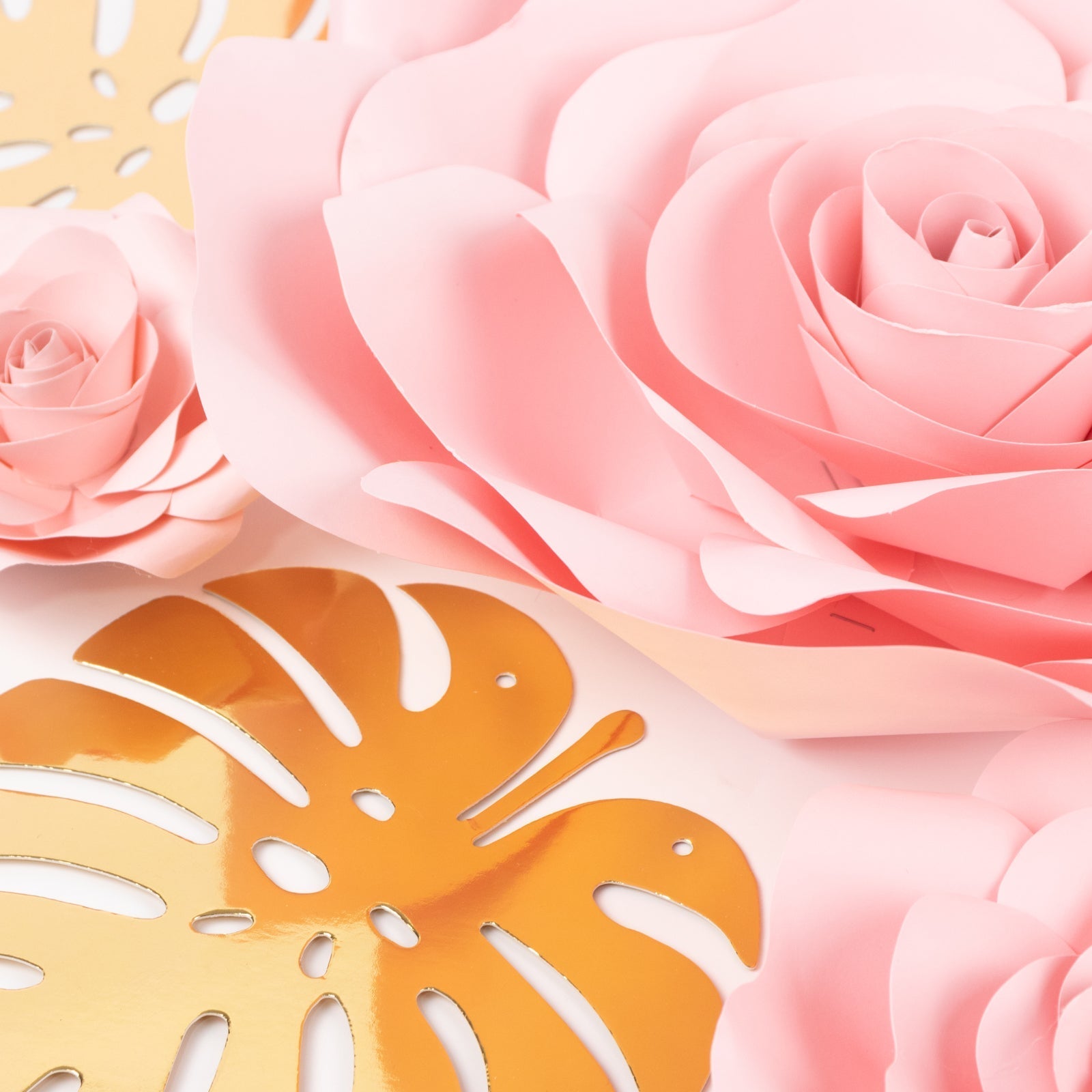 Set of 9 Pink 3D Rose Paper Flowers with Gold Tropical Palm Leaves, Party Flower Backdrop Hanging Wall Decor
