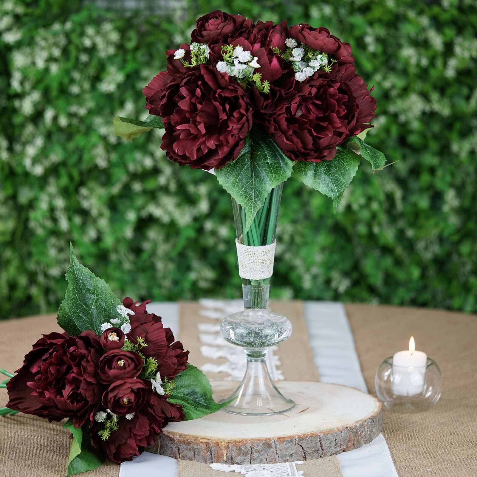 12" Burgundy Artificial Silk Peonies Bouquet, Faux Peony Spray Bush