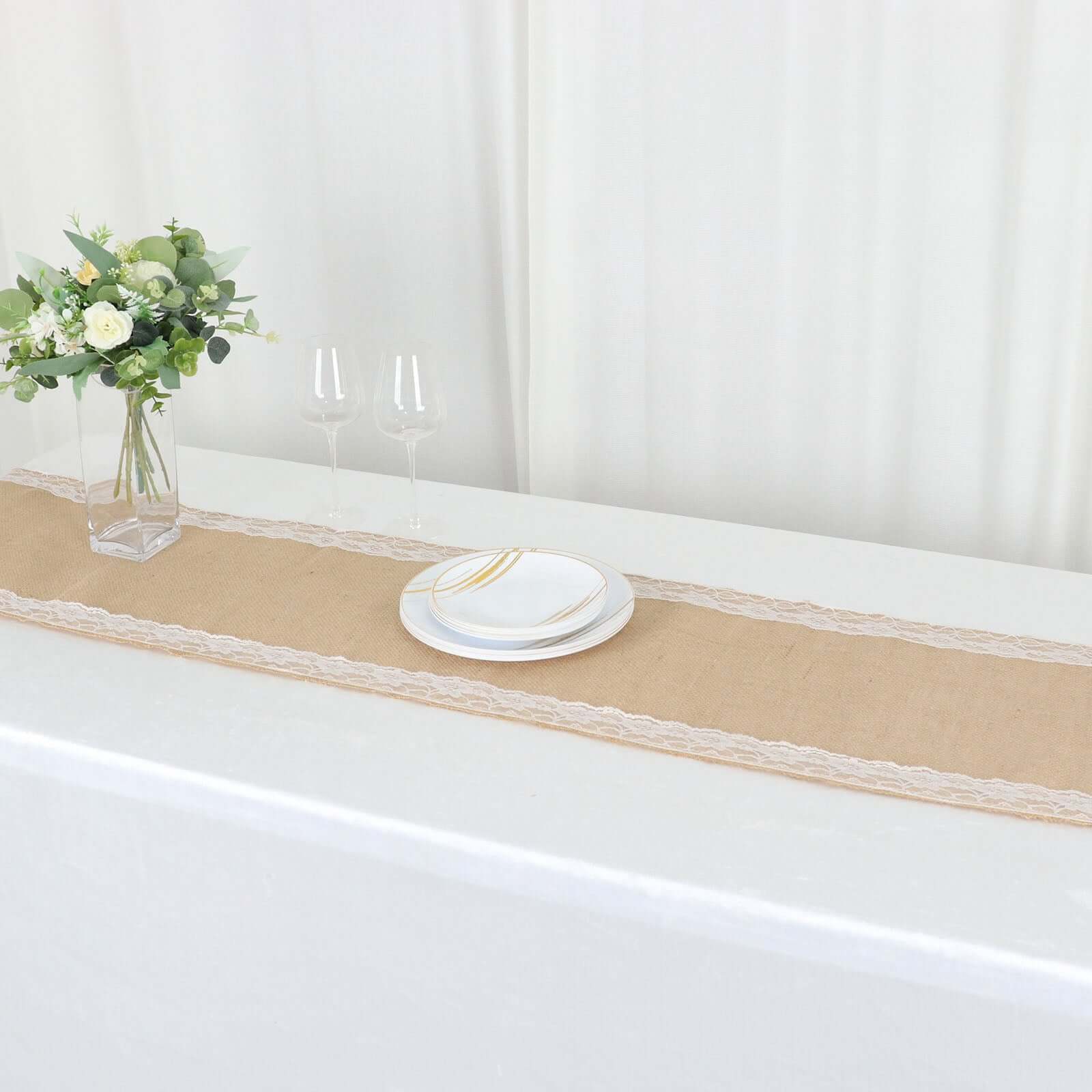 Burlap Jute 14"x104" Table Runner Natural With White Lace Trim Edges - Rustic Vintage Tabletop Decor