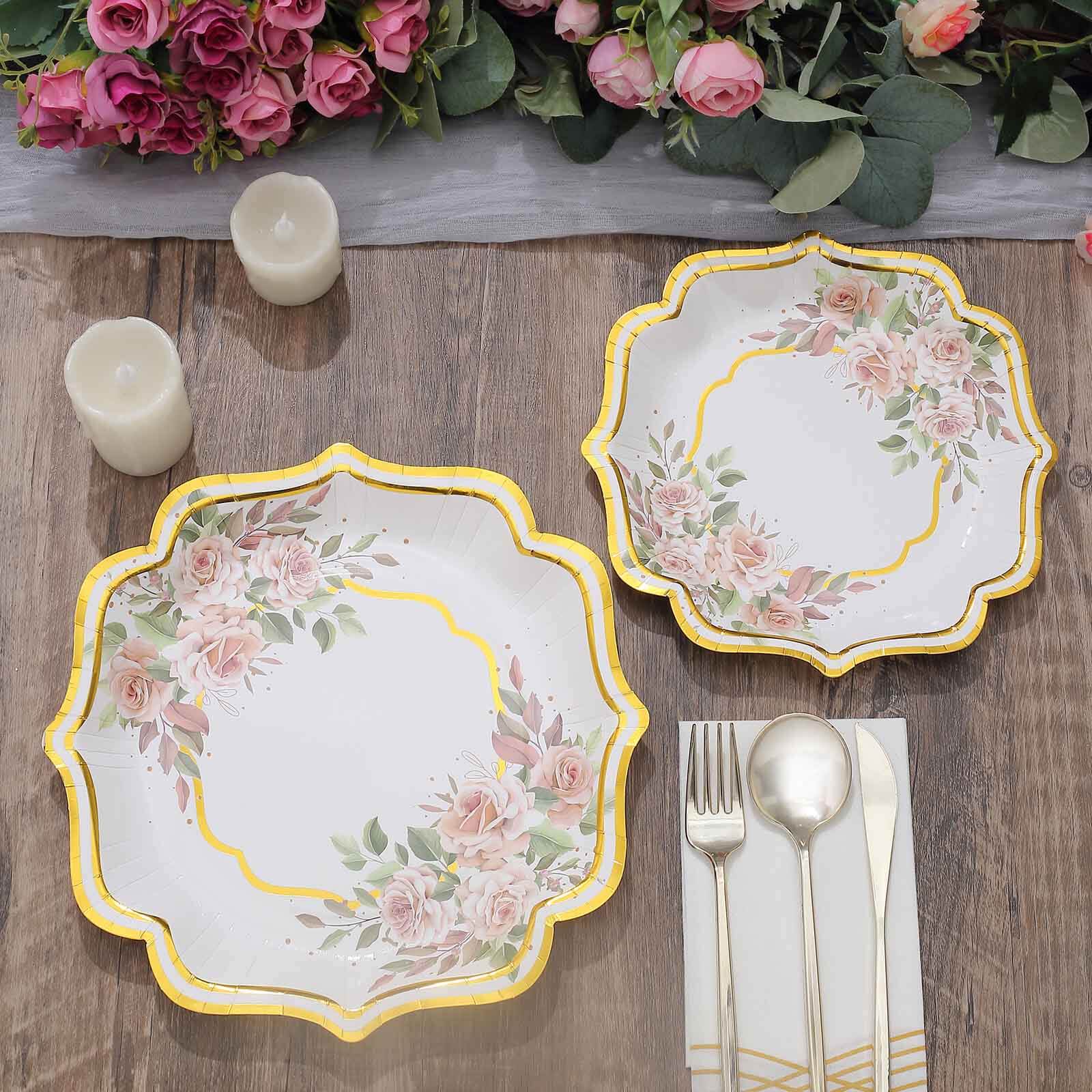 25-Pack Paper 10" Dinner Plates in White with Floral Print & Gold Scallop Rim - Disposable 300GSM Party Plates for Cocktail Events & Receptions