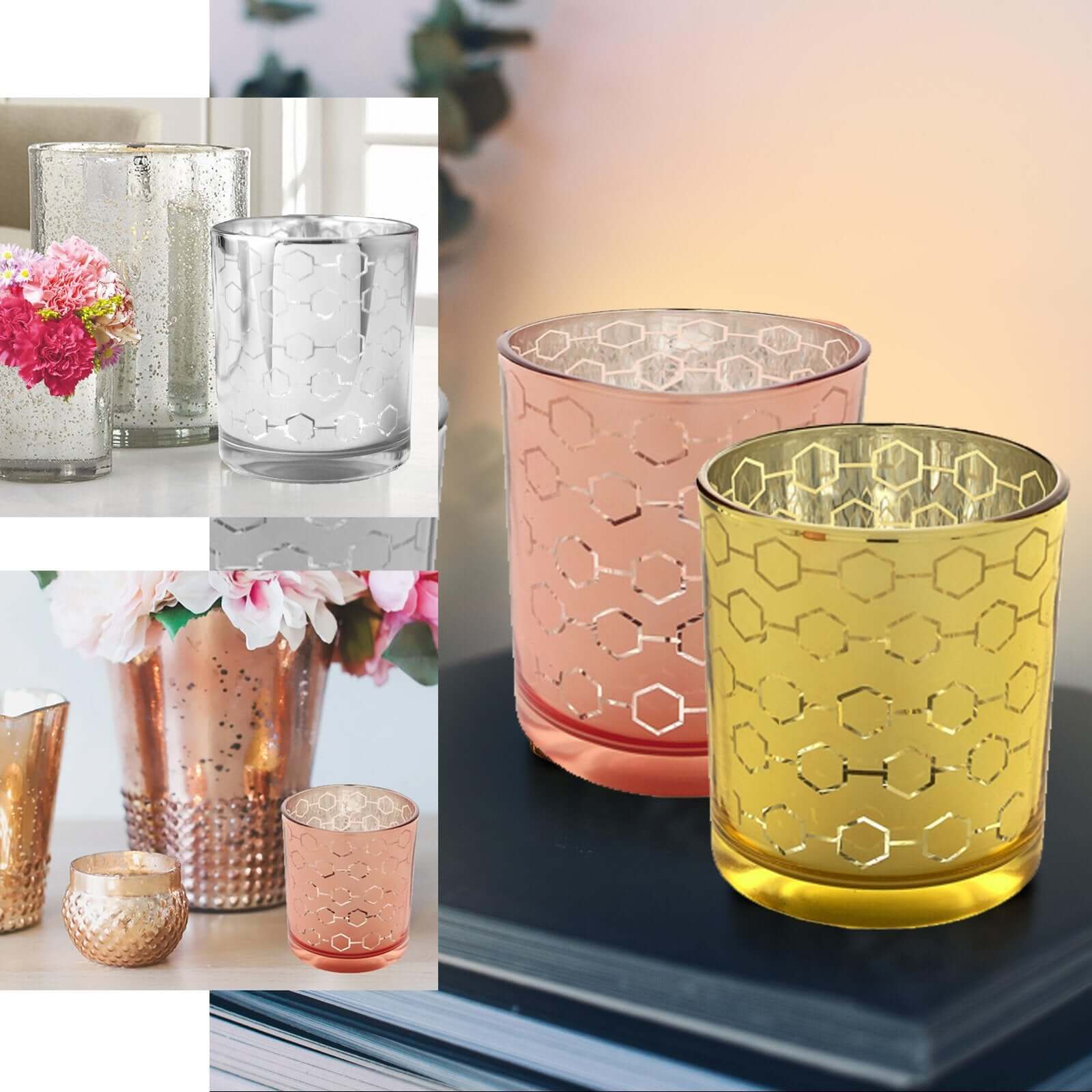 6-Pack Mercury Glass Candle Holders Gold with Honeycomb Design - Votive Candle Containers 3"