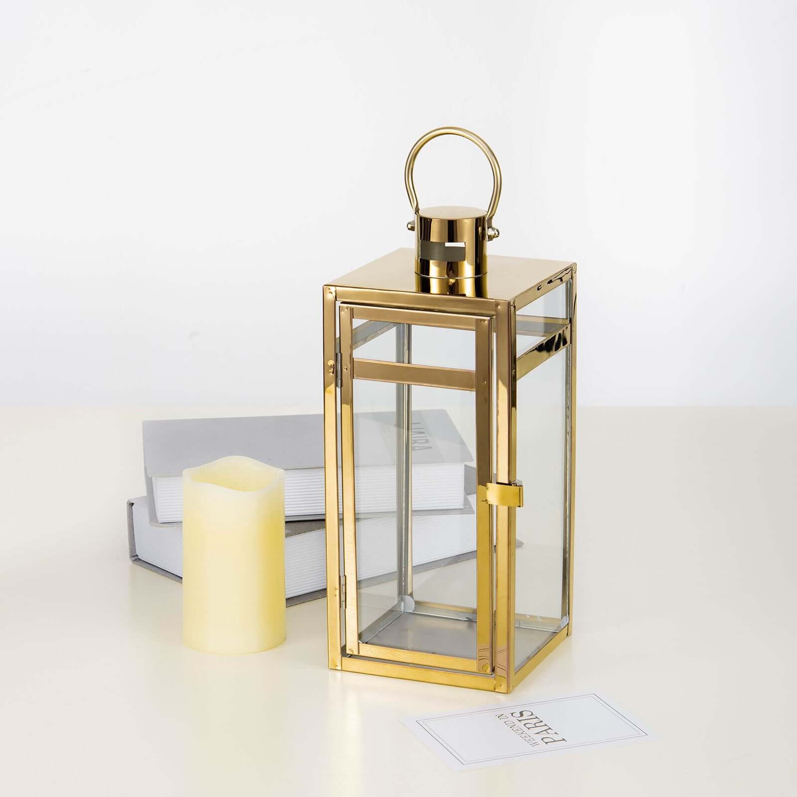 Stainless Steel Candle Lantern Vintage Top Design Gold - Outdoor Metal Patio Lantern Centerpiece 12"