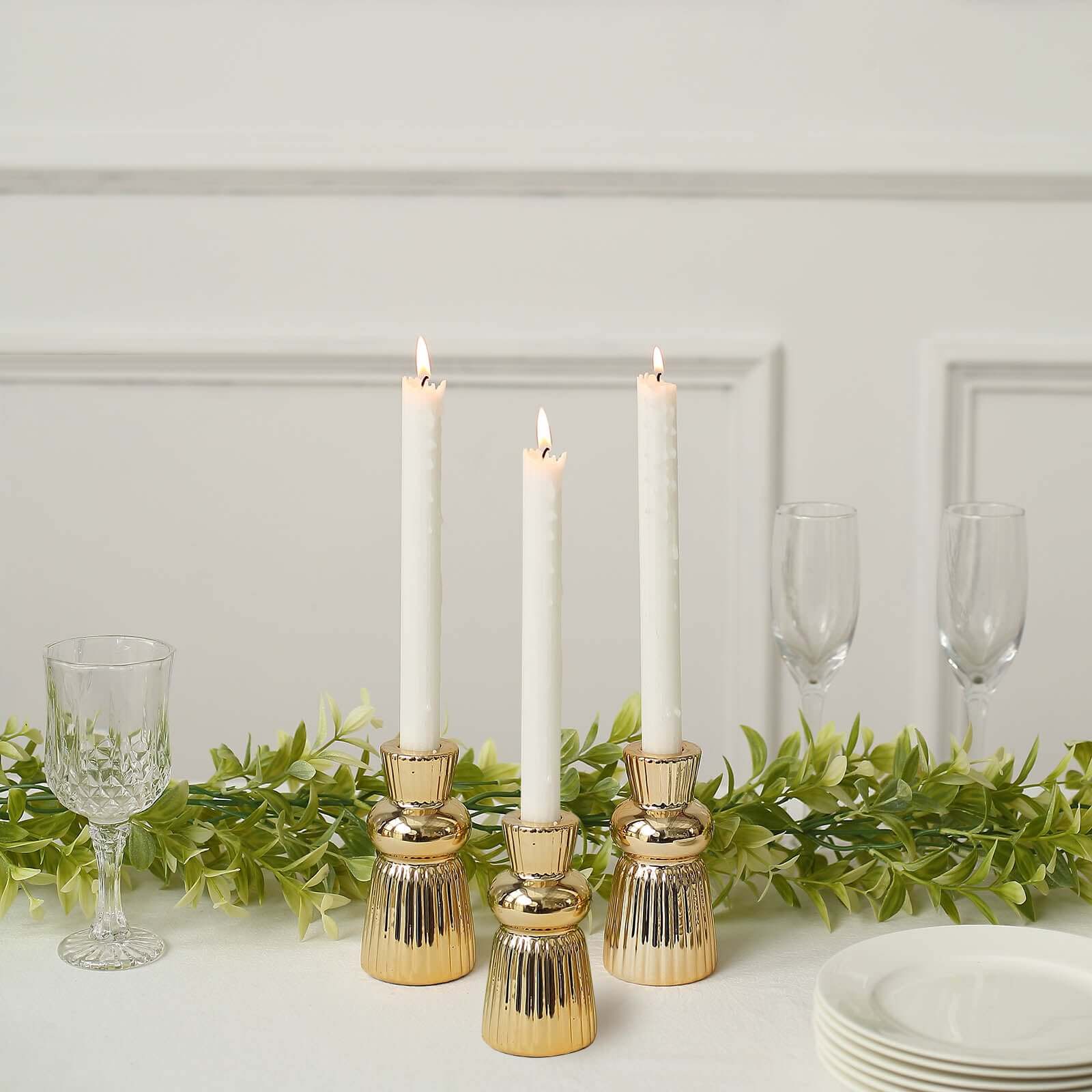 3-Pack Ceramic Taper Candle Holders Fluted Ball Neck Design Metallic Gold - Ribbed Candlestick Stands 5"