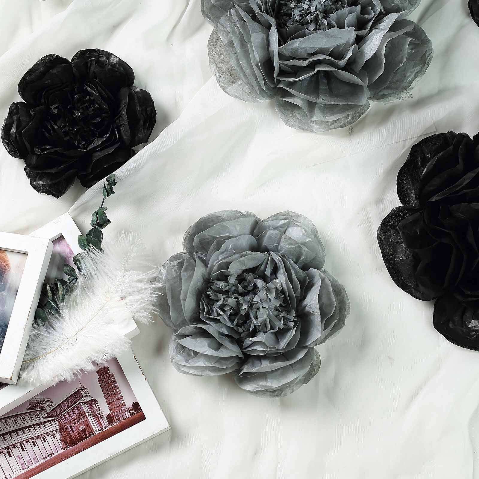 Set of 6 Black Charcoal Gray Peony 3D Paper Flowers Wall Decor - 7",9",11"