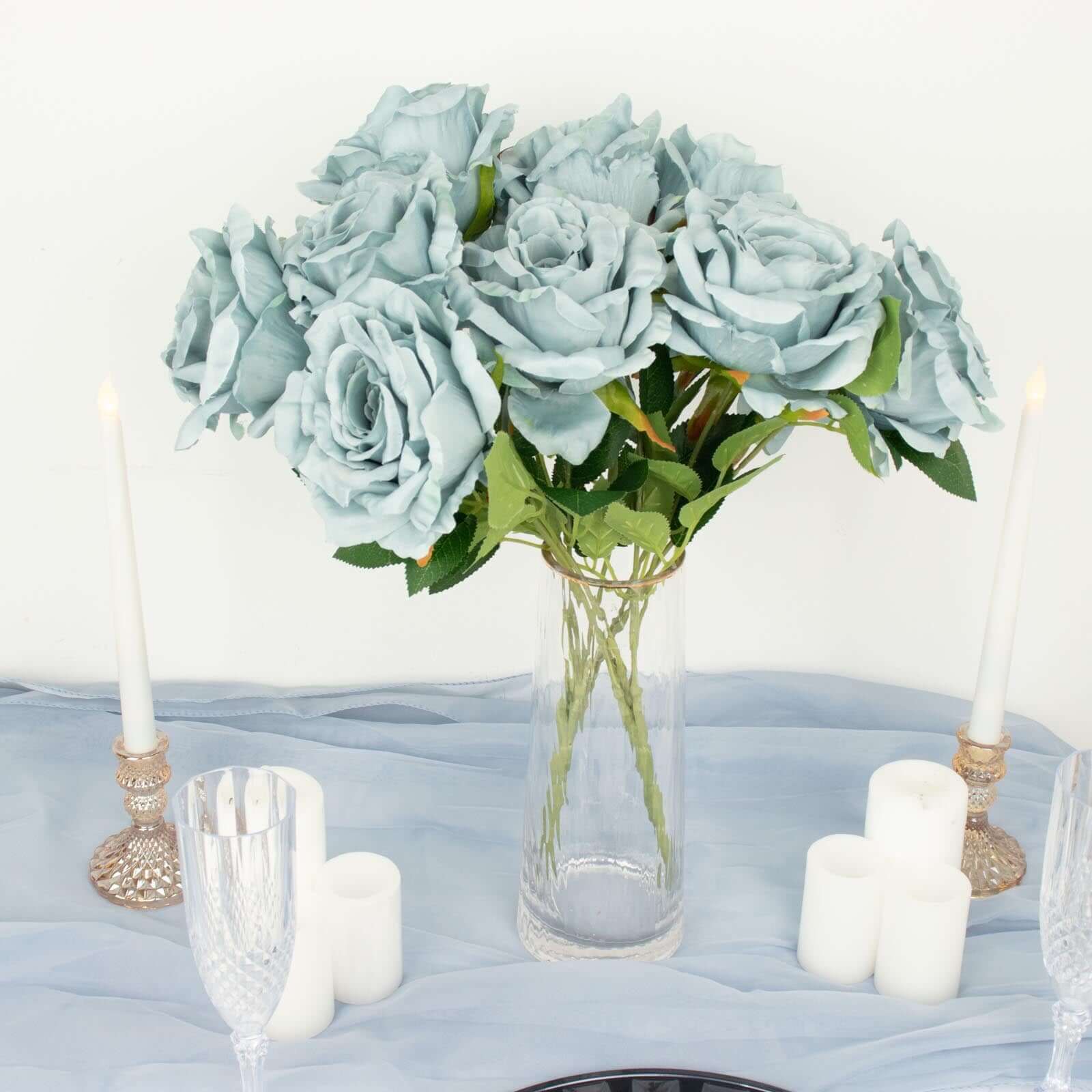2 Bushes 17" Dusty Blue Premium Silk Jumbo Rose Flower Bouquet, High Quality Artificial Wedding Floral Arrangements