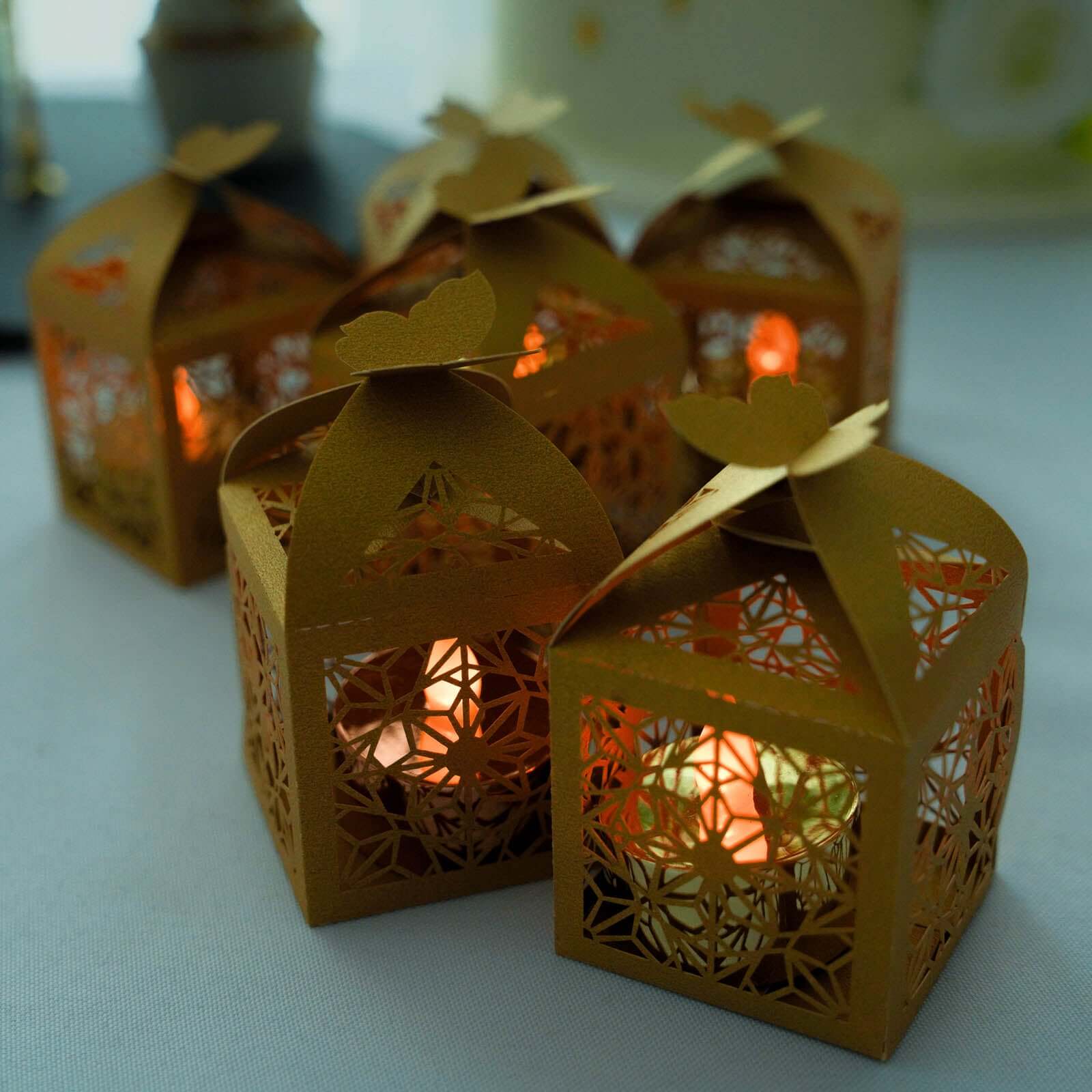 25 Pack Gold Butterfly Top Laser Cut Lace Favor Candy Gift Boxes