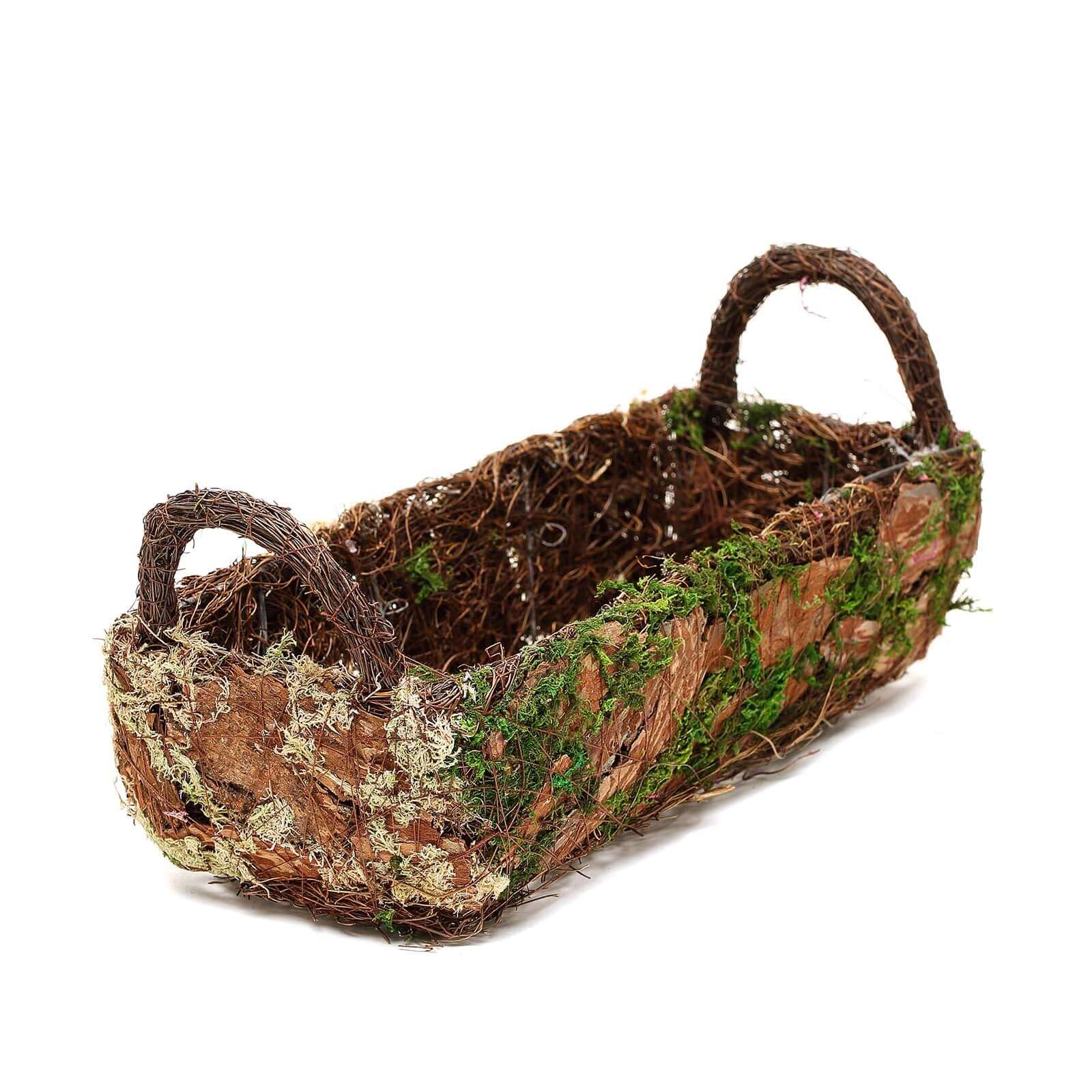 Set of 2 Rustic Planter Boxes Preserved Moss Log Shaped with Handle - Flower Basket Centerpieces 13", 15"