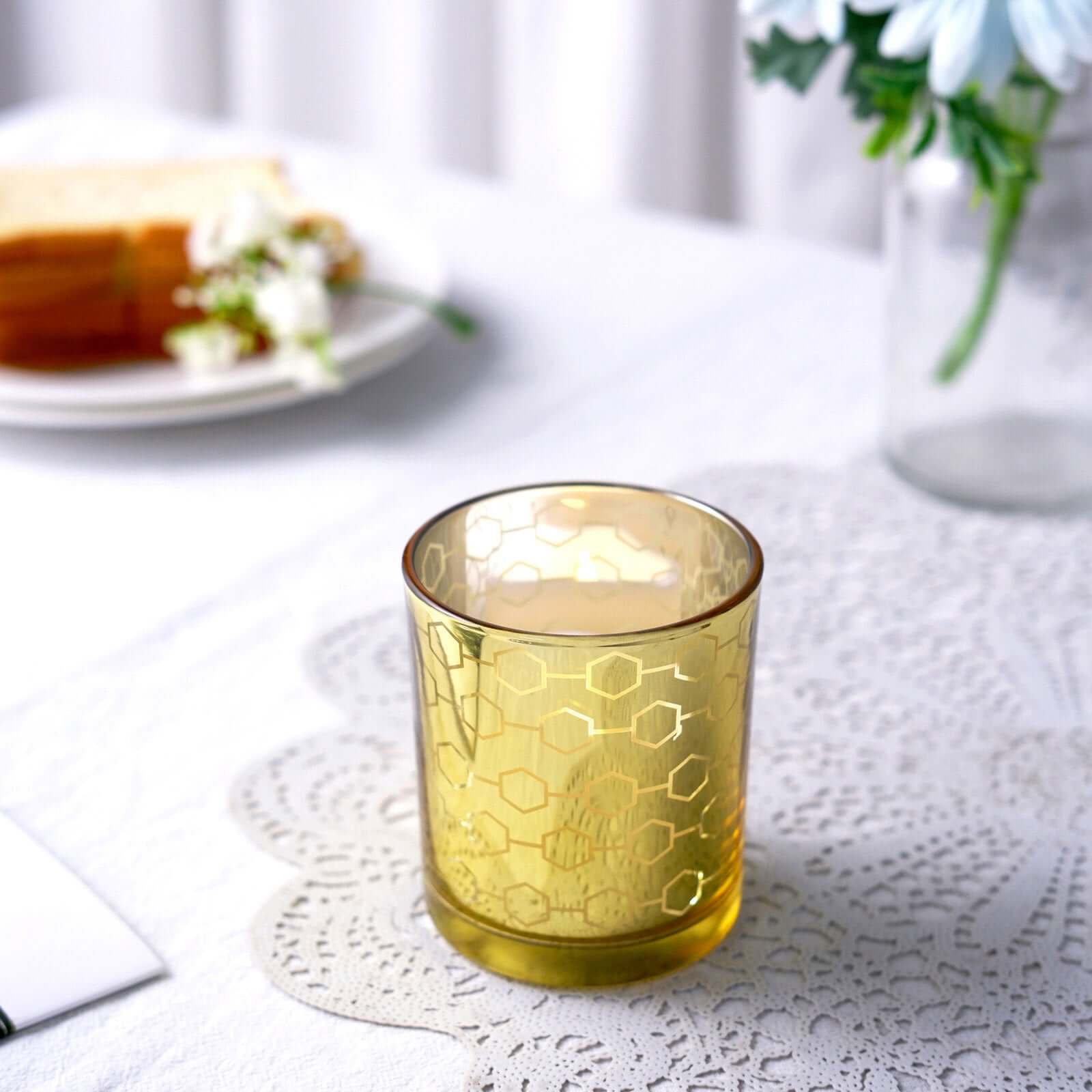 6-Pack Mercury Glass Candle Holders Gold with Honeycomb Design - Votive Candle Containers 3"