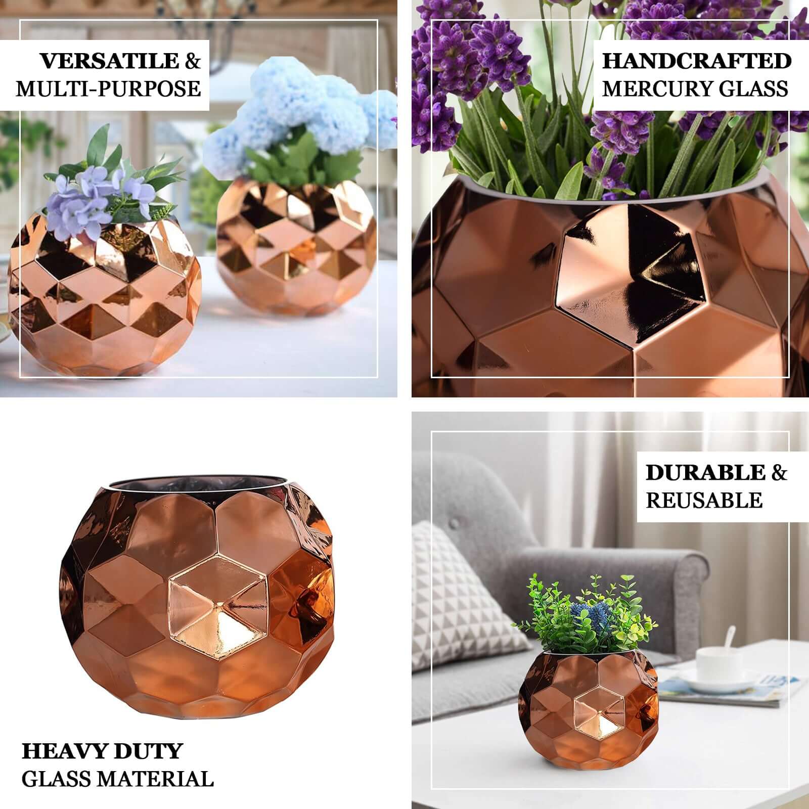 2-Pack Mercury Glass Vases Honeycomb Design Rose Gold - Stylish Geometric Wedding Centerpieces 6"