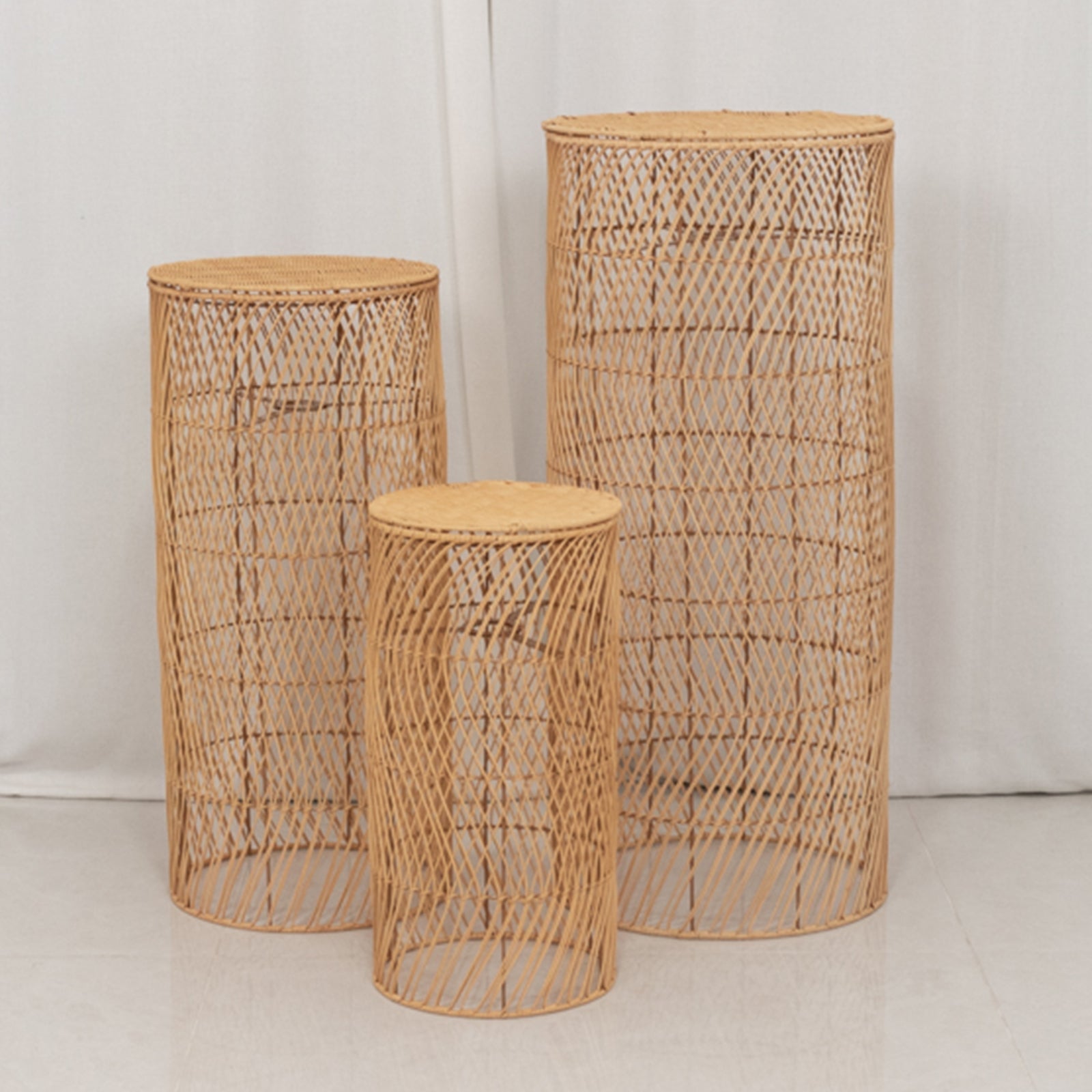 Set of 3 Natural Woven Rattan Wicker Pedestal Stand Floor Lamp Shades with Wave Pattern, Rustic Farmhouse Cylinder Display Stands With Plug In Light Cord - 19",27",33"
