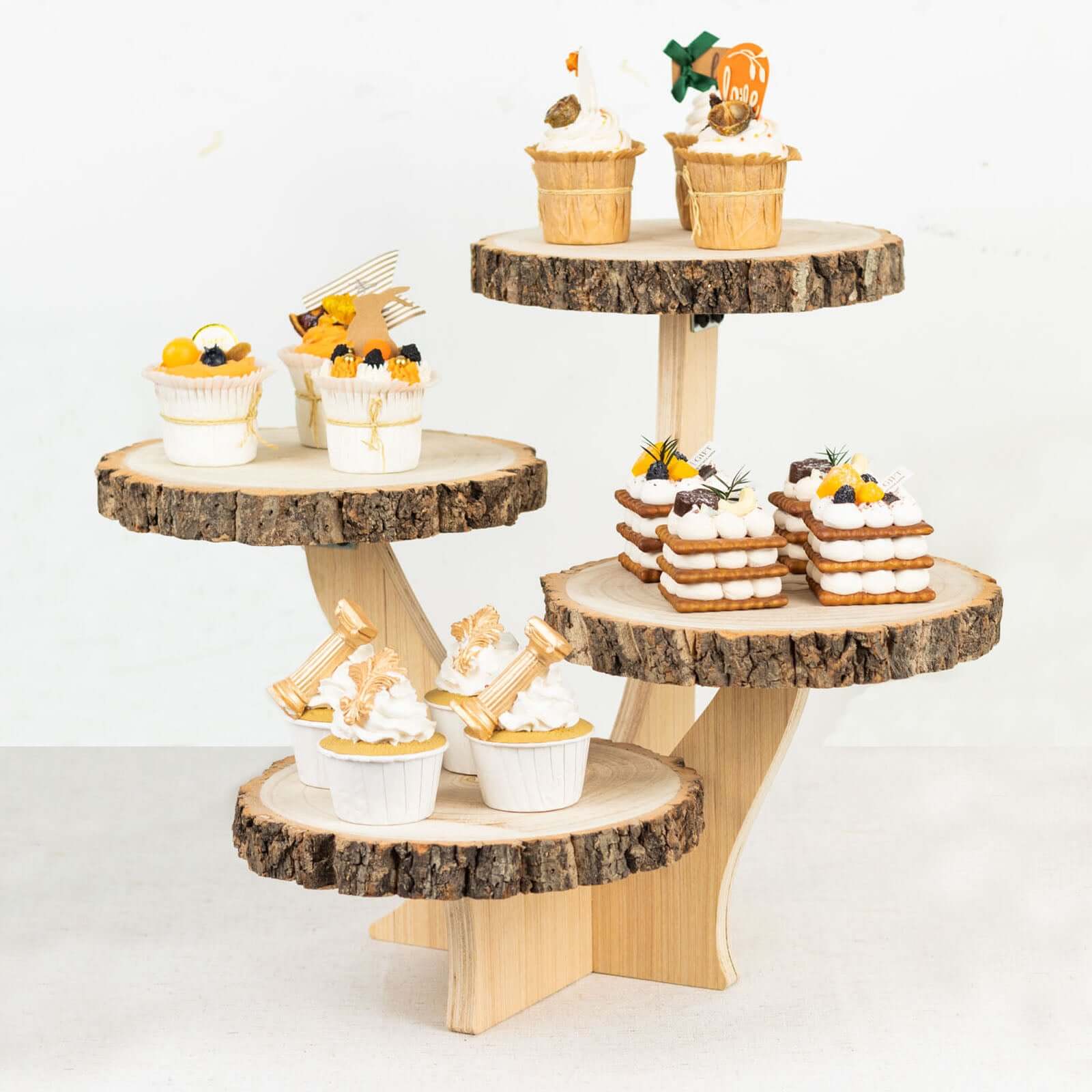 4-Tier Wooden Cupcake Stand Farmhouse Style Natural Wood Slice Design - Rustic Dessert Display Cake Holder 15" Tall