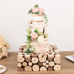 Wooden Cake Stand 14"x14" Square Design Rustic Natural Slices - Farmhouse Display Box Pedestal Riser