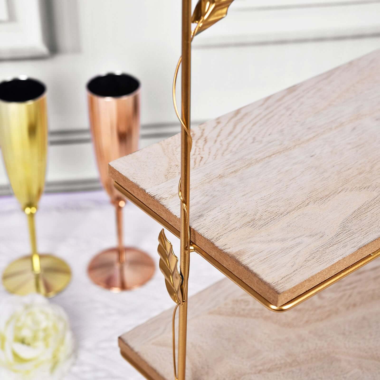 3-Tier Wooden Cheese Board Stand Rectangular Gold/Wood Slice Design - Rustic Cupcake Tower Centerpiece with Assembly Tools 19"