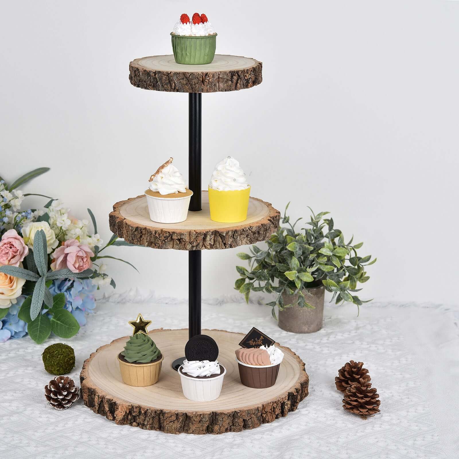 3-Tier Wooden Cheese Board Stand Tower Design Natural Wood Slice - Rustic Cupcake Centerpiece with Assembly Tools 19"