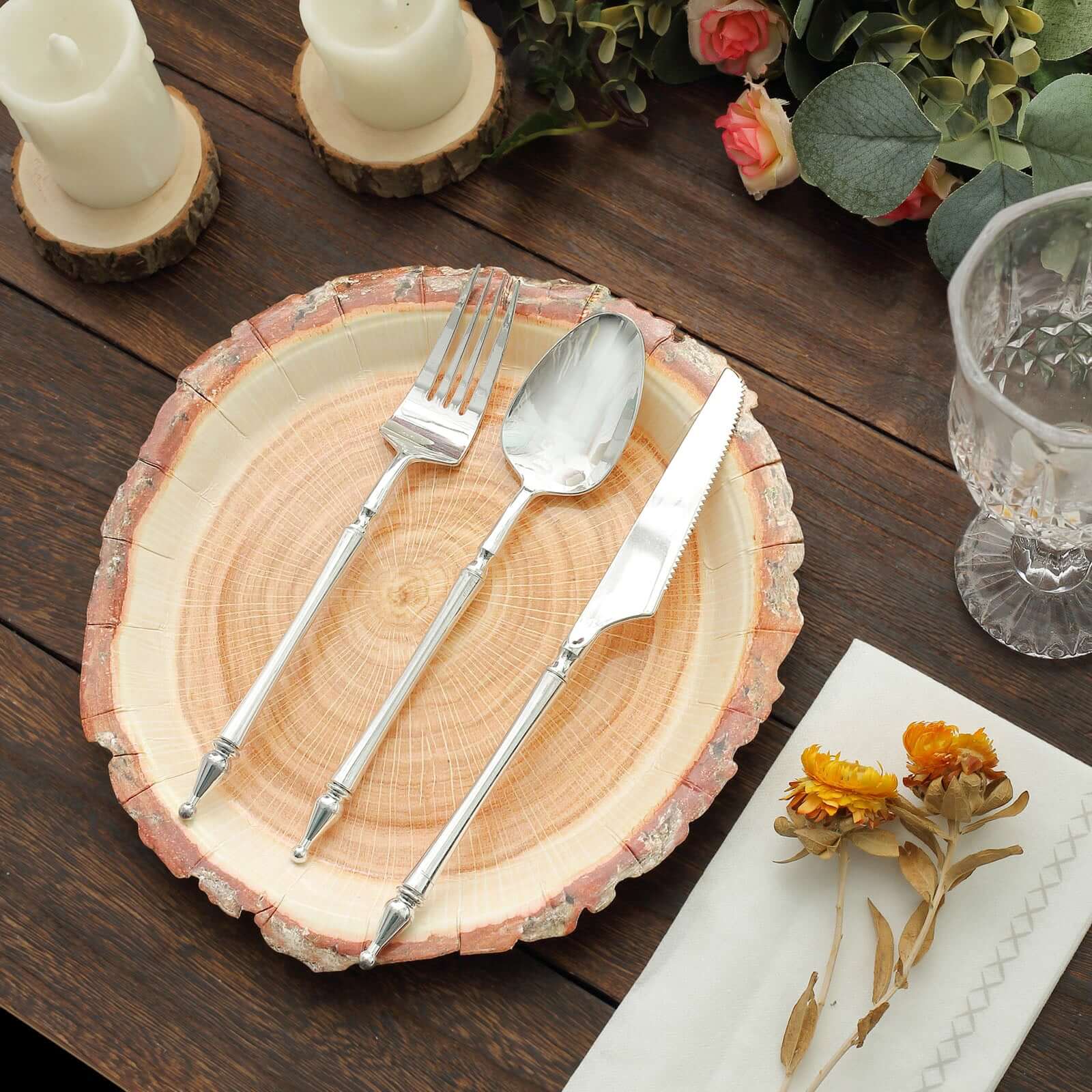 25-Pack Paper 10" Round Dinner Plates in Natural Wood Slice Print - Rustic & Nature-Inspired Disposable Party Plates