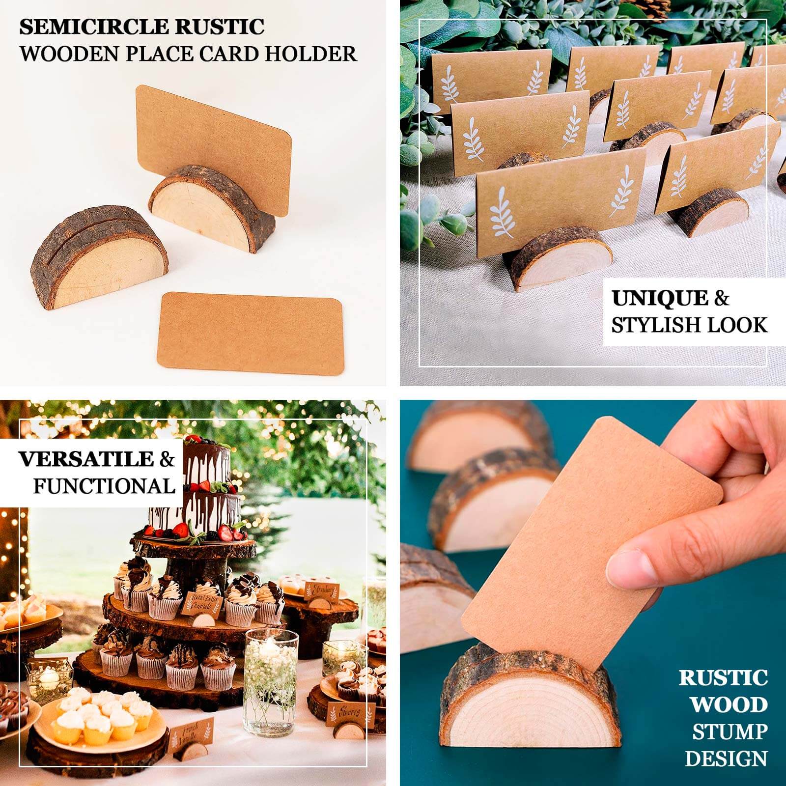 Set of 10 Wood Place Card Holders Rustic Semicircle Design Natural with Brown Paper - Wedding Table Number Display 2.5"