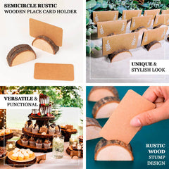 Set of 10 Wood Place Card Holders Rustic Semicircle Design Natural with Brown Paper - Wedding Table Number Display 2.5"