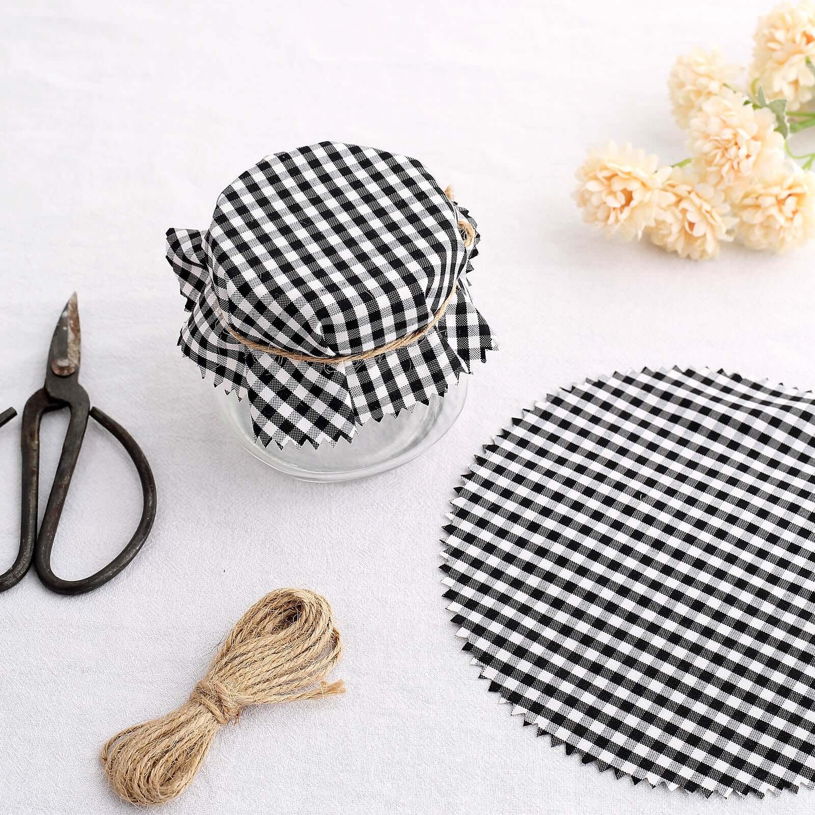 6 Pack 6" Black White Gingham Mason Jar Cloth Lid Covers, Checkered Jam Jar Covers with Jute String