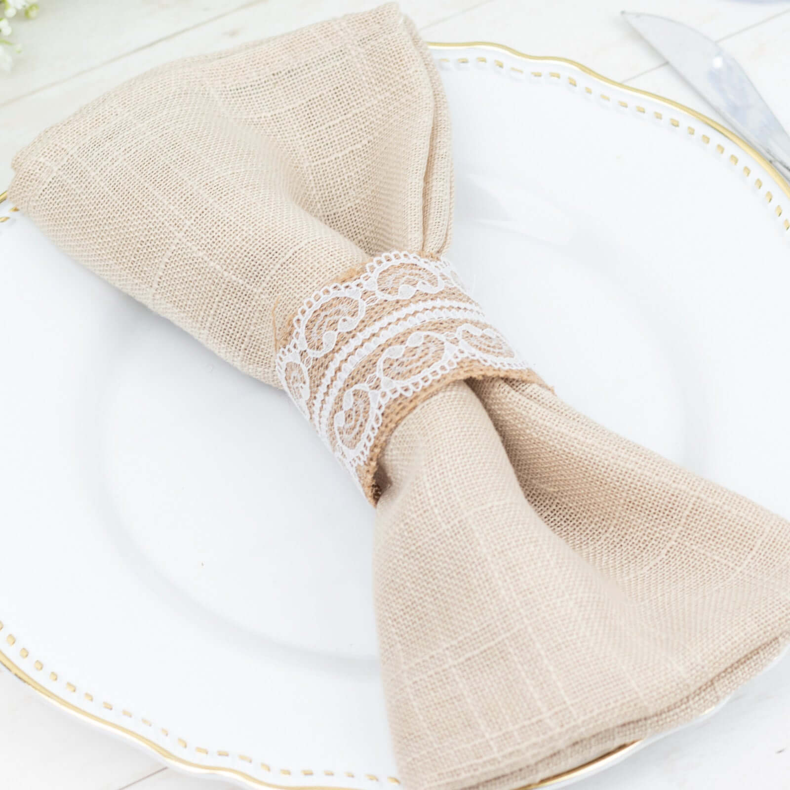6 Pack Rustic Boho Chic Burlap and Lace Napkin Rings, Farmhouse Style Jute Serviette Buckles Holder