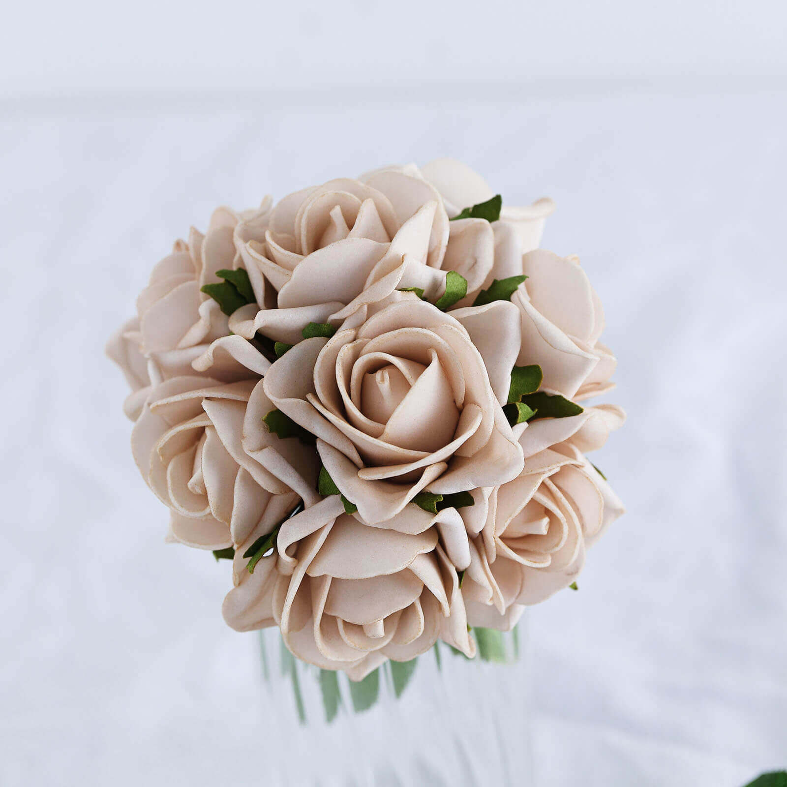 24 Roses 2" Champagne Artificial Foam Flowers With Stem Wire and Leaves