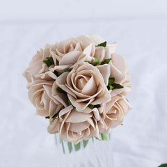 24 Roses 2" Champagne Artificial Foam Flowers With Stem Wire and Leaves