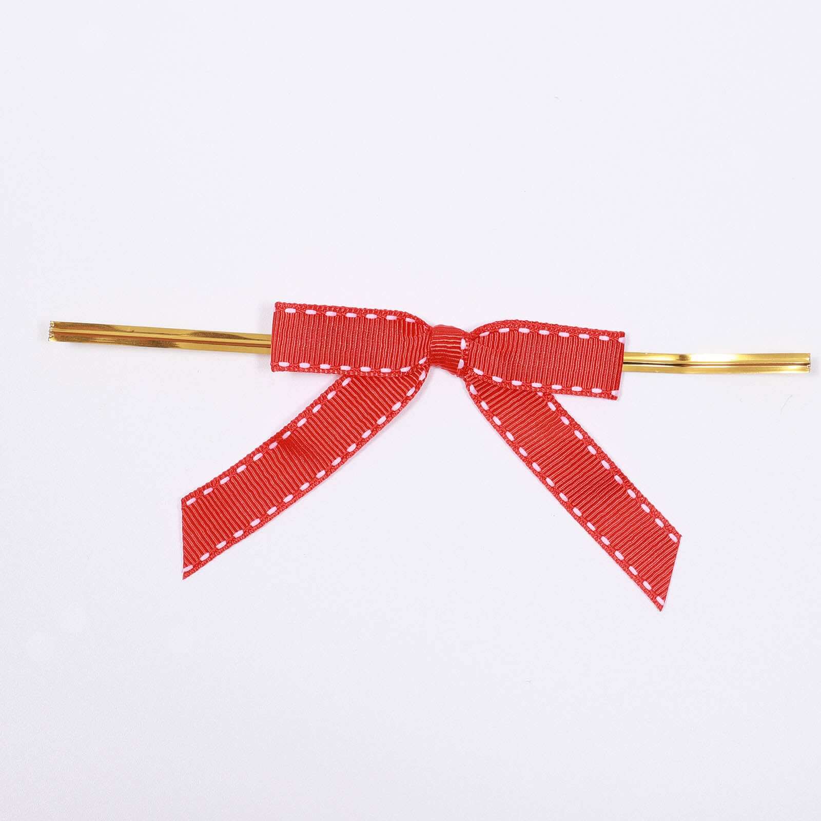 50 Pcs 3" Saddle Stitch Ribbon Bows With Twist Ties, Gift Basket Party Favor Bags Decor - Red White Polyester