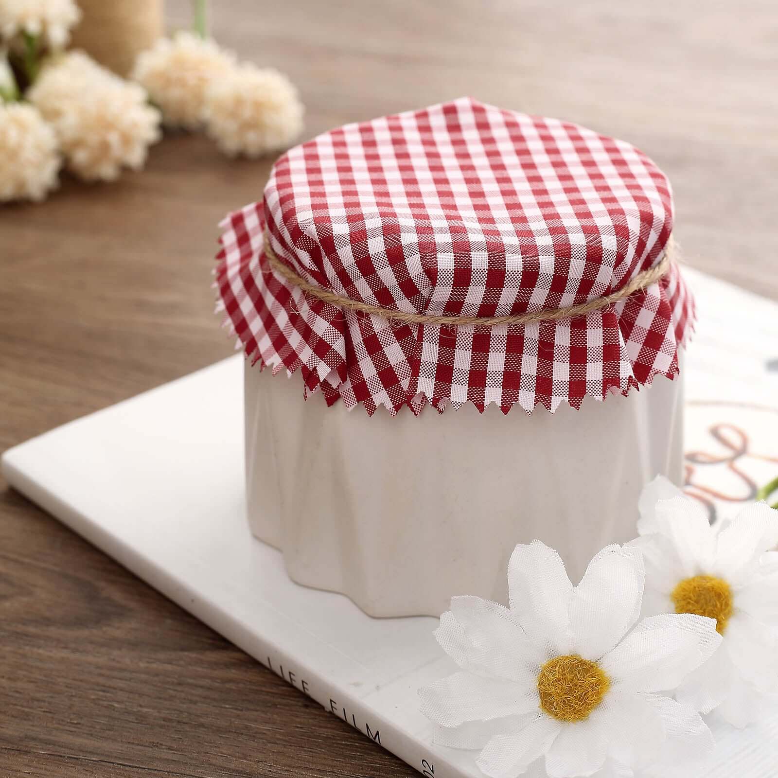 6 Pack 6" Red White Gingham Mason Jar Cloth Lid Covers, Checkered Jam Jar Covers with Jute String