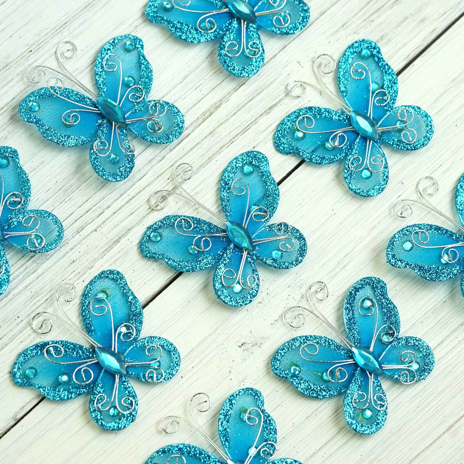 12 Pack 2" Turquoise Diamond Studded Wired Organza Butterflies