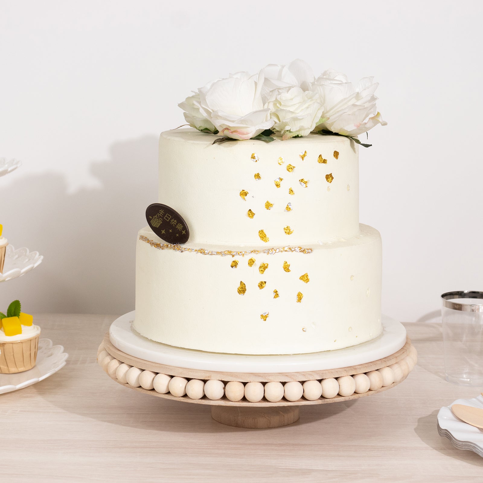 Wooden Pedestal Cake Stand Round Rustic Design with Beaded Edge Natural - Farmhouse Cupcake Holder Serving Tray 12"