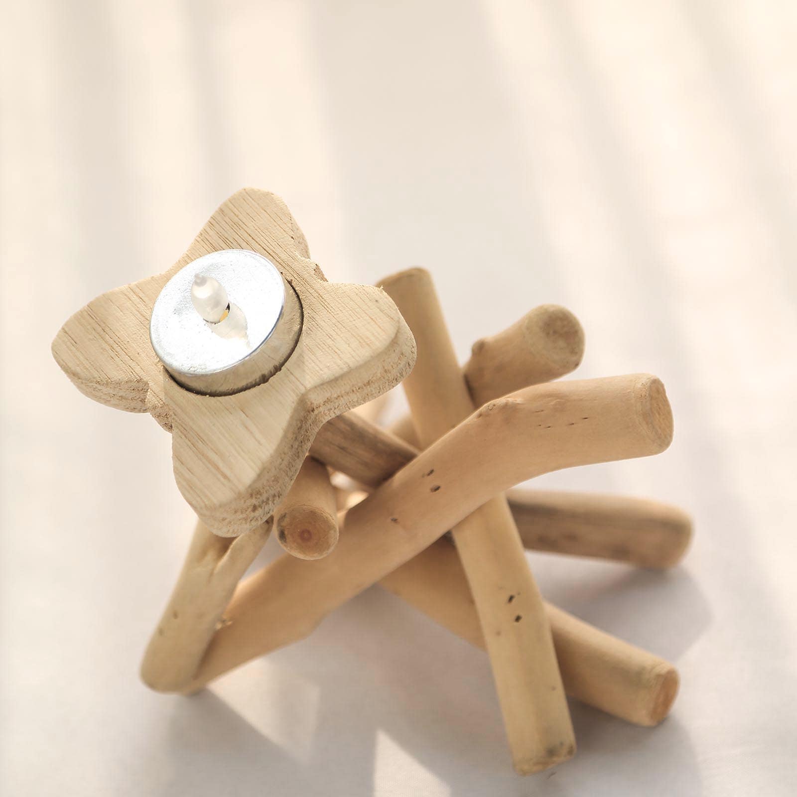 Natural Driftwood Candle Holder with Butterfly Top - Rustic Wooden Candle Stand for Events 8" Tall