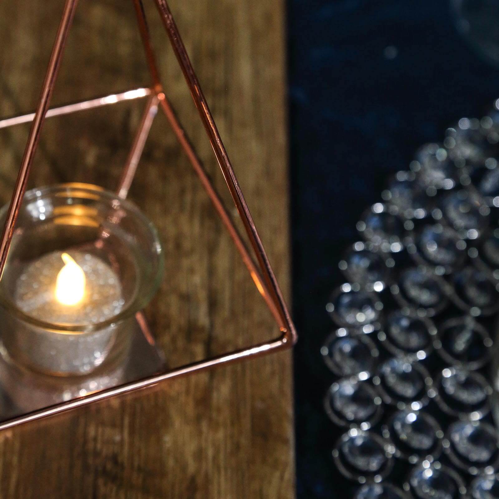 2-Pack Tealight Candle Holders Rose Gold Metal Pyramid Geometric Open Frame - Flower Stand 9"