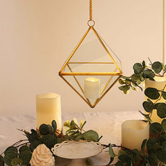 Glass Terrarium Hanging Diamond Prism Design Metal Gold - Geometric Holder for Air Plants & Displays 9"