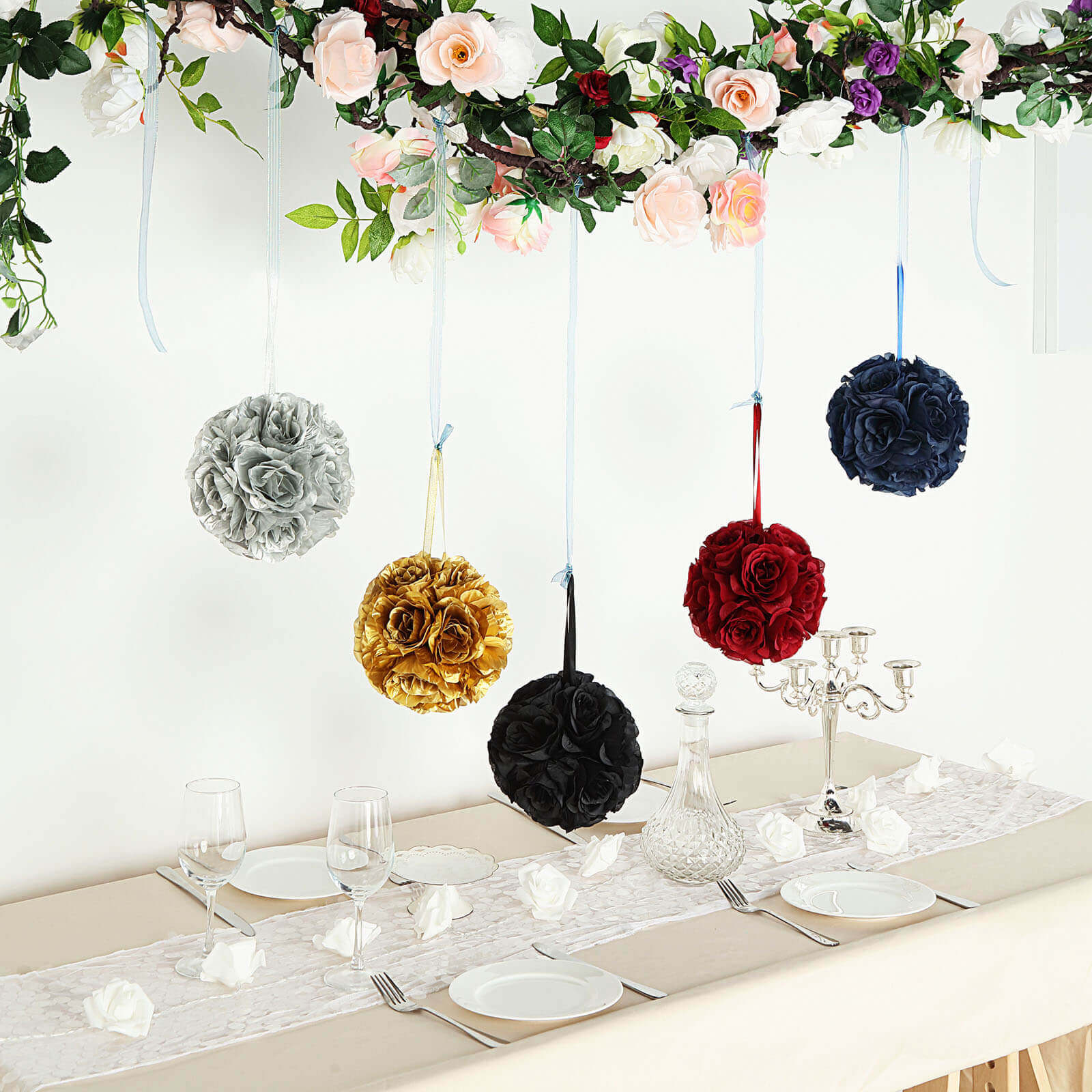 2 Pack 7" Navy Blue Artificial Silk Rose Kissing Ball, Flower Ball