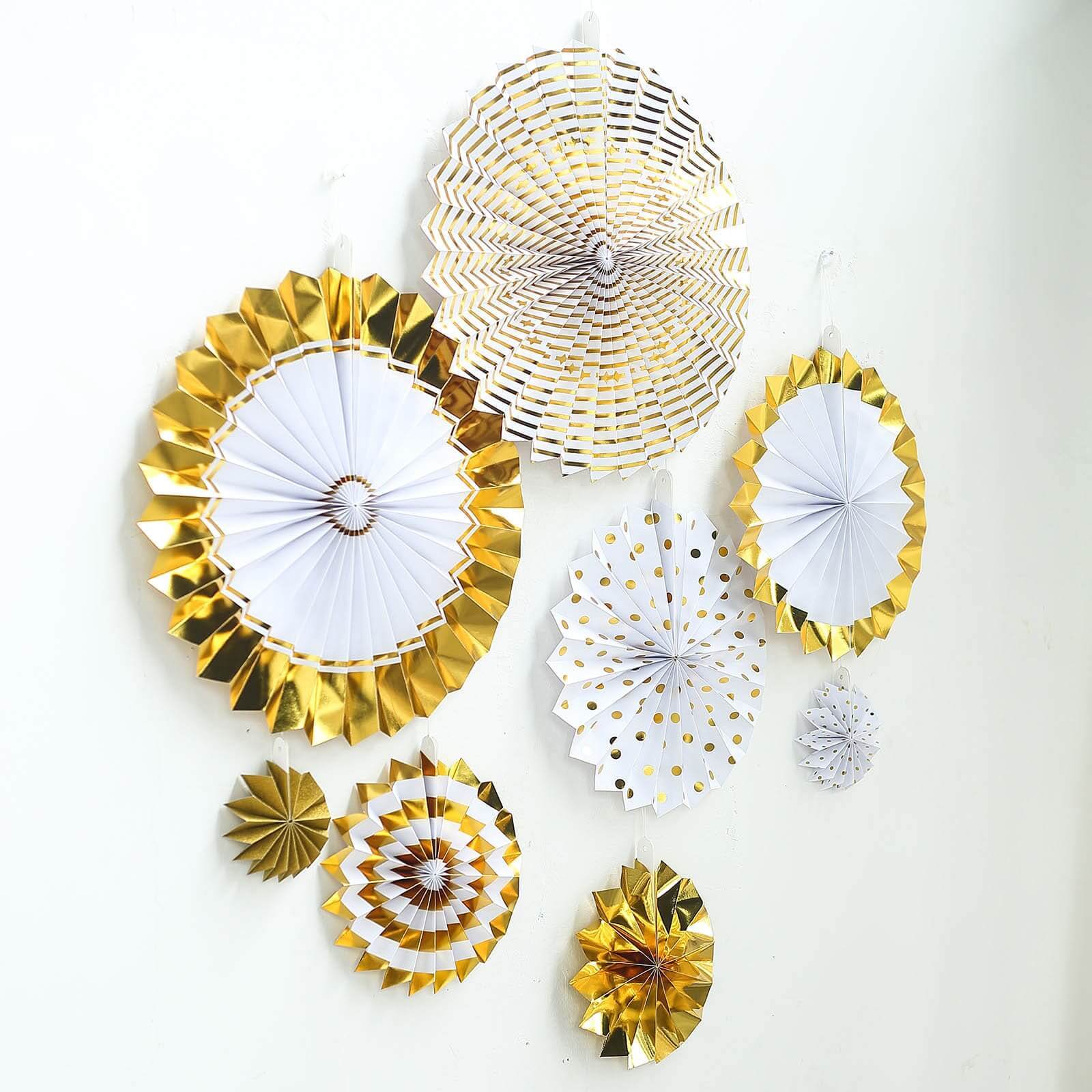 Set of 8 Gold White Hanging Paper Fan Decorations, Pinwheel Wall Backdrop Party Kit - 4", 8", 12", 16"