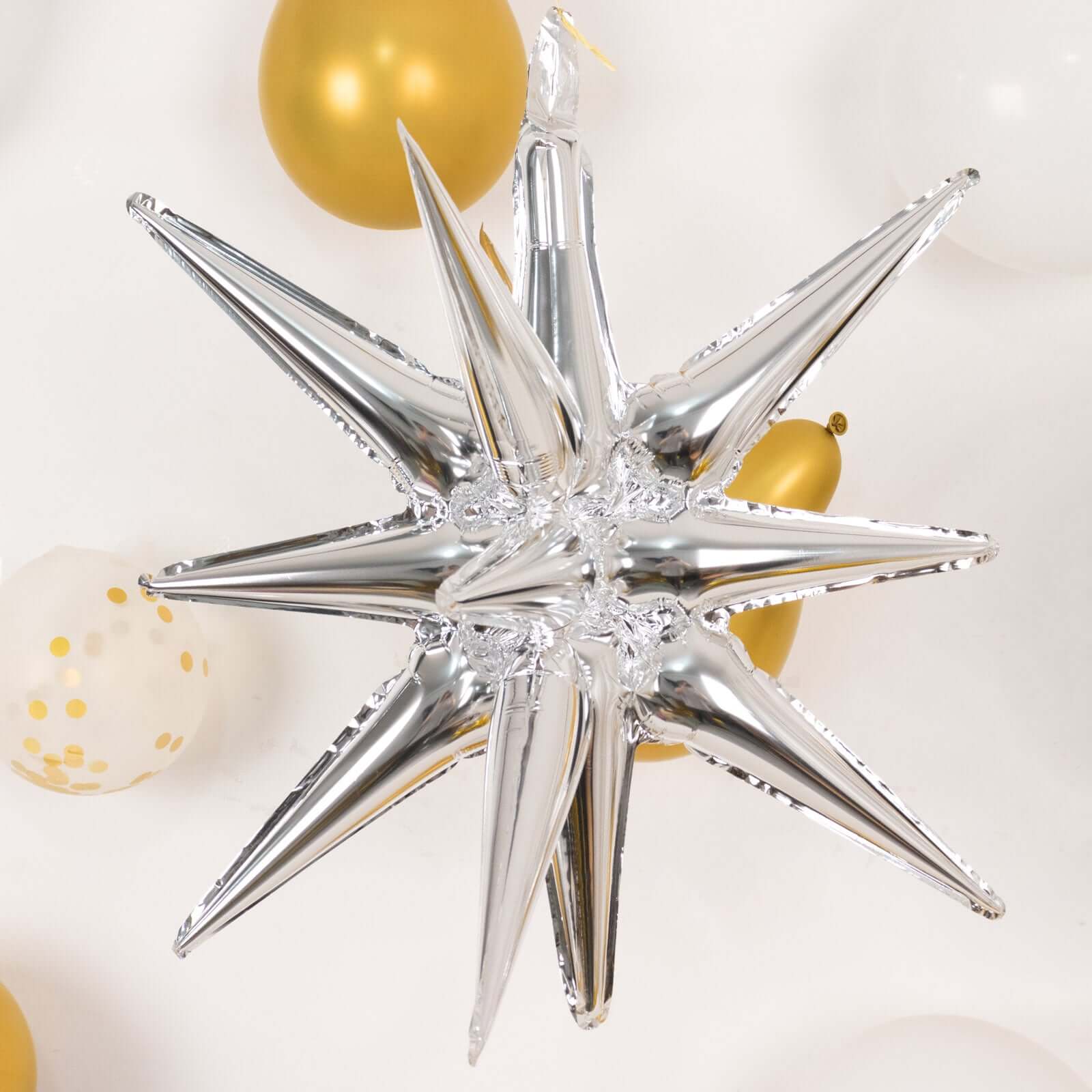 5 Pack Large Metallic Silver 14-Point Starburst Foil Balloons, 27" Fireworks Star Explosion Mylar Party Balloons