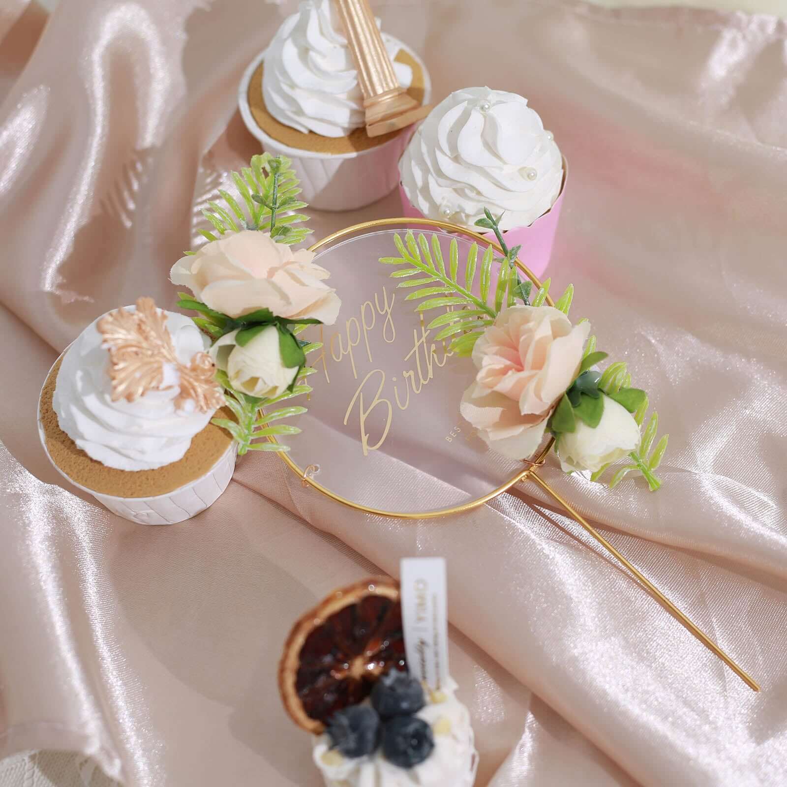 3 Pcs Happy Birthday Cake Toppers with Gold Metal Frames & Clear Acrylic Panels - Charming Reusable Cake Decorations with Stylish Silk Flower Accents