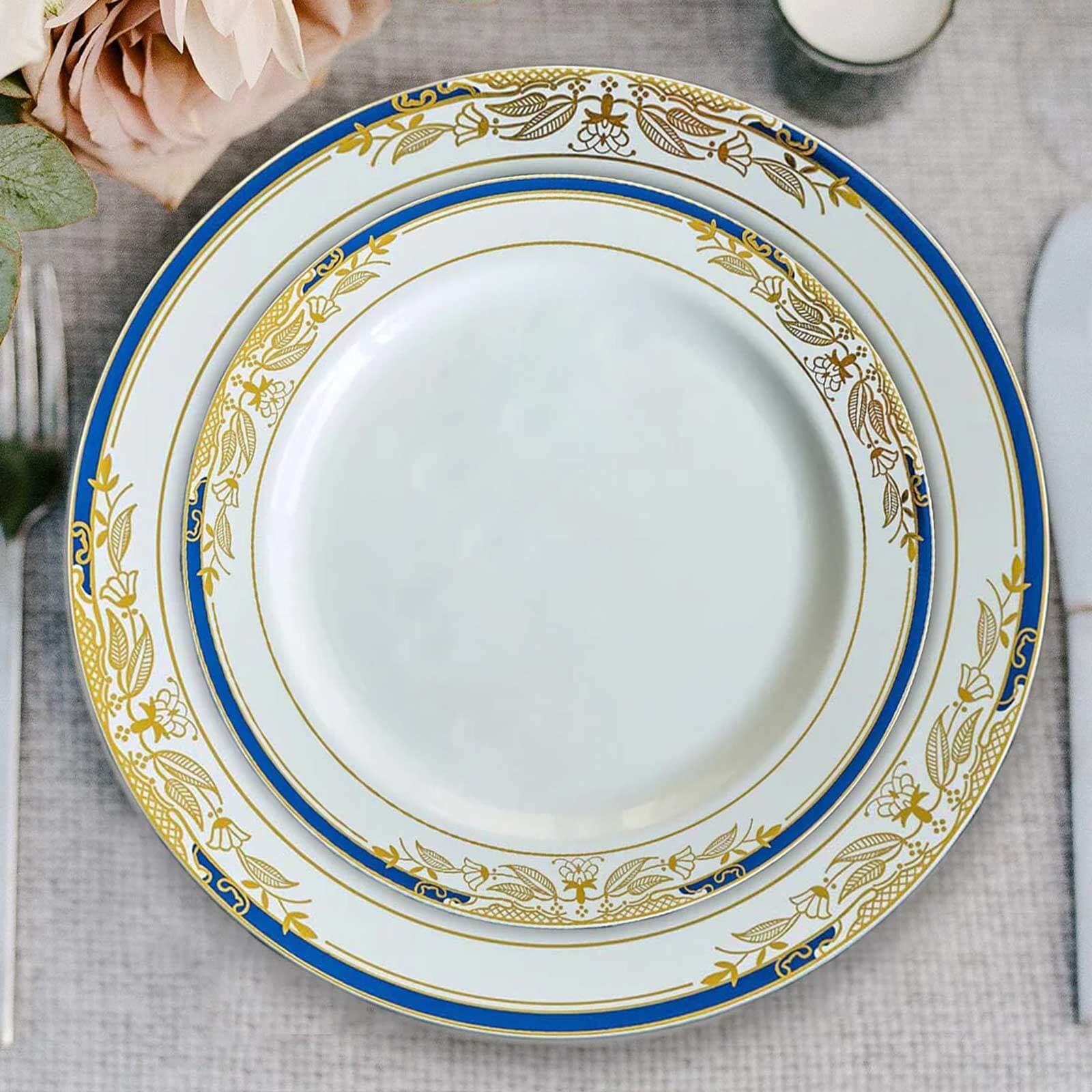 10-Pack Plastic 8" Round Dessert Plates in White with Royal Blue Rim - Stylish Gold Vine Design Disposable Salad/Appetizer Plates for Special Occasions & Celebrations